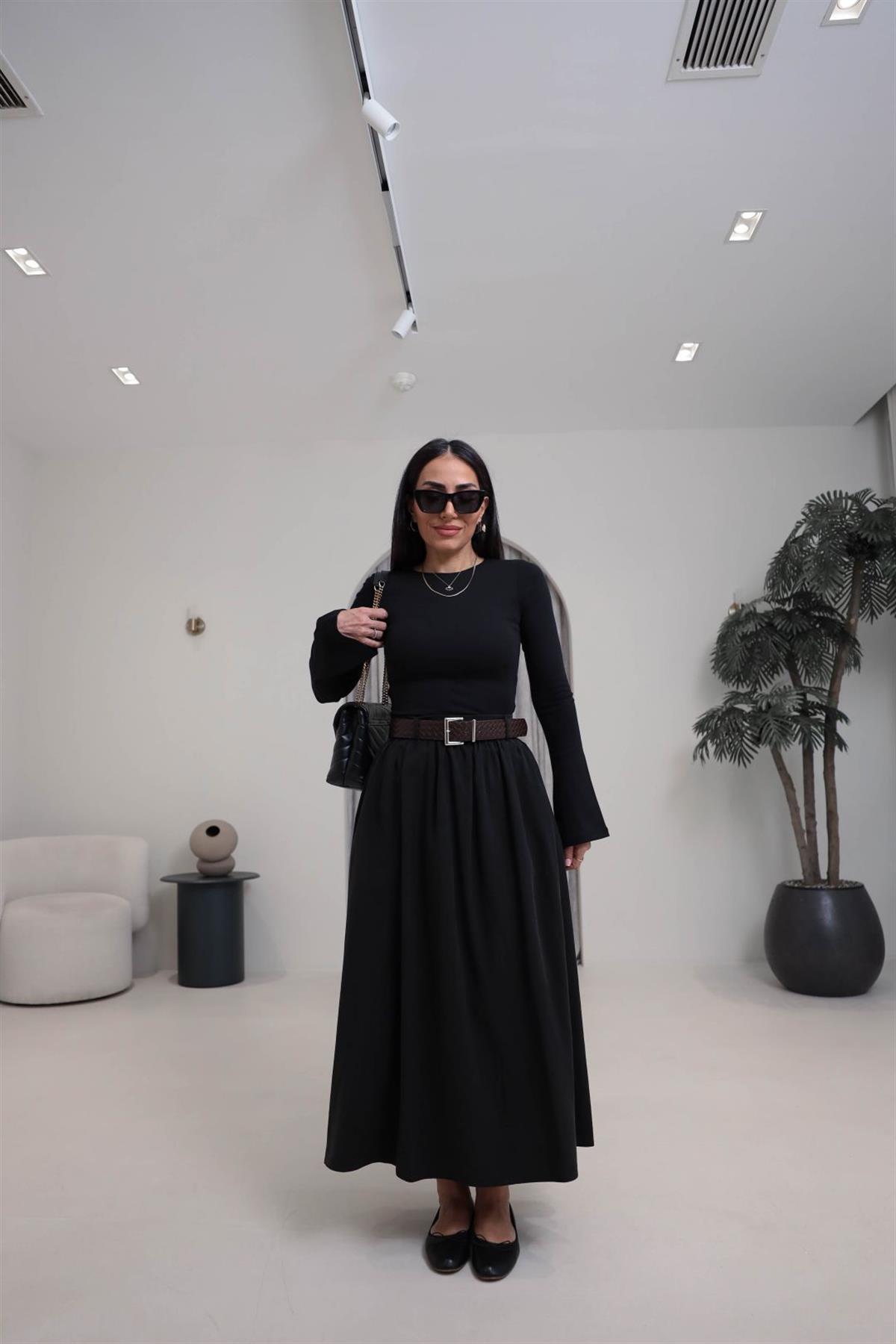 0727 Kemerli Tencel Etek SİYAH