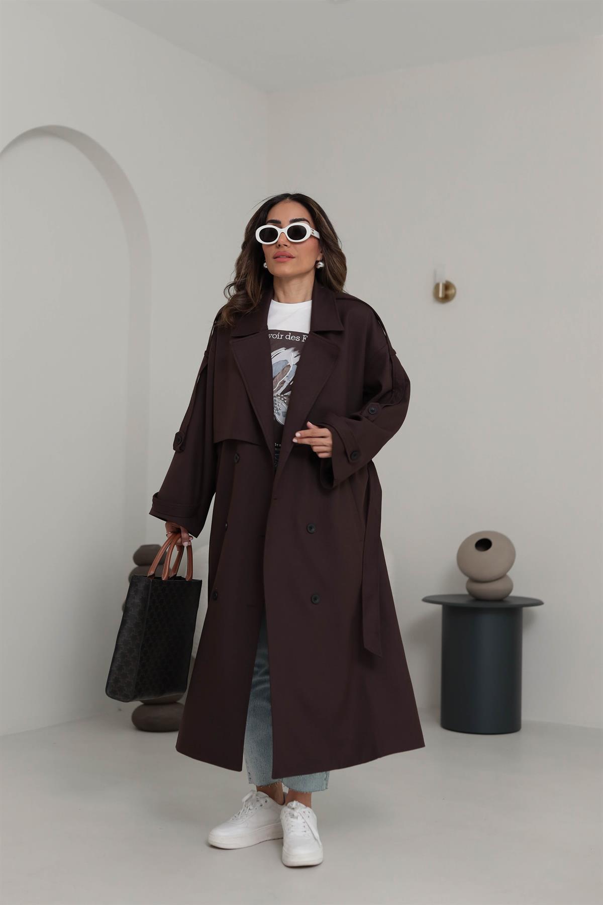 9476 Kol ve Omuz Apoletli Premium Trench ACI KAHVE