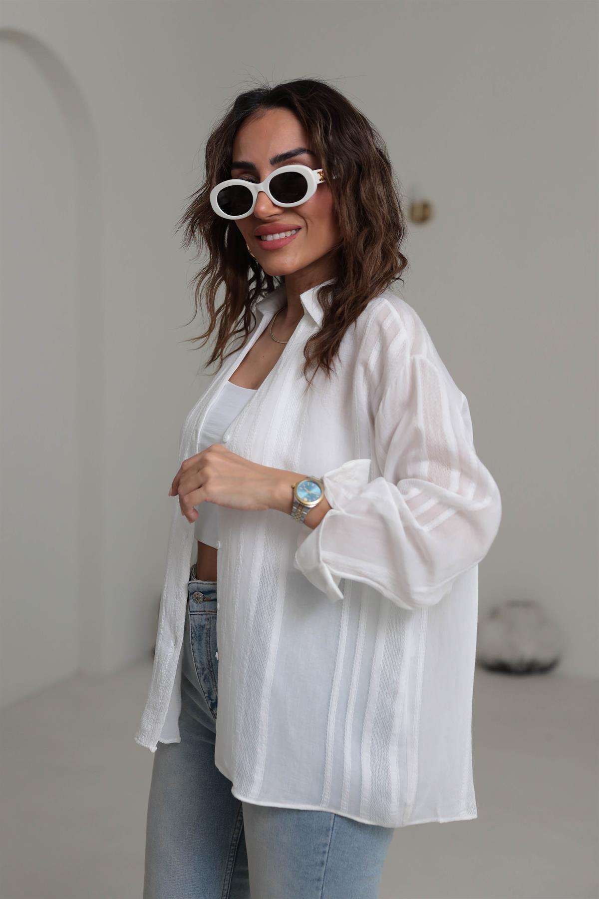 4914 Transparan Detaylı Oversize Gömlek BEYAZ