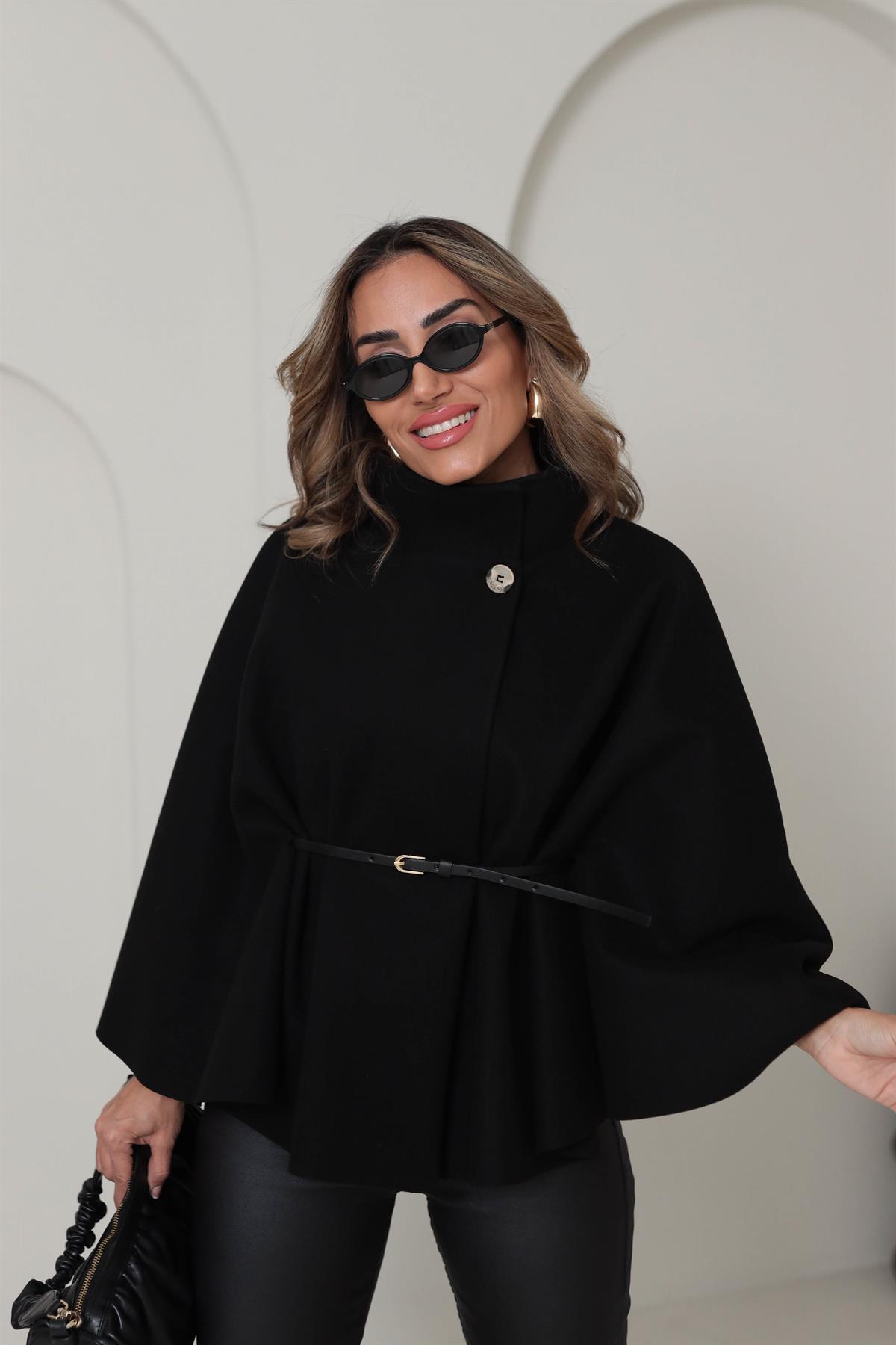 80167 Kemerli Dik Yaka Kaşe Panço SİYAH