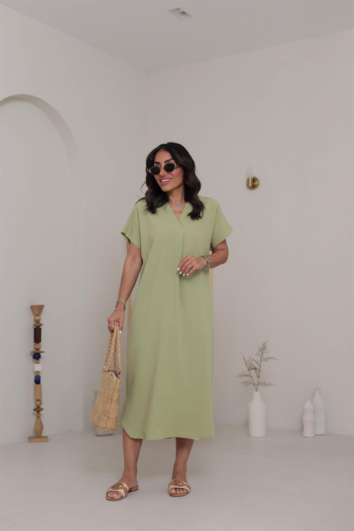 5998 V Yaka Rahat Terni Elbise ÇAĞLAYEŞİL