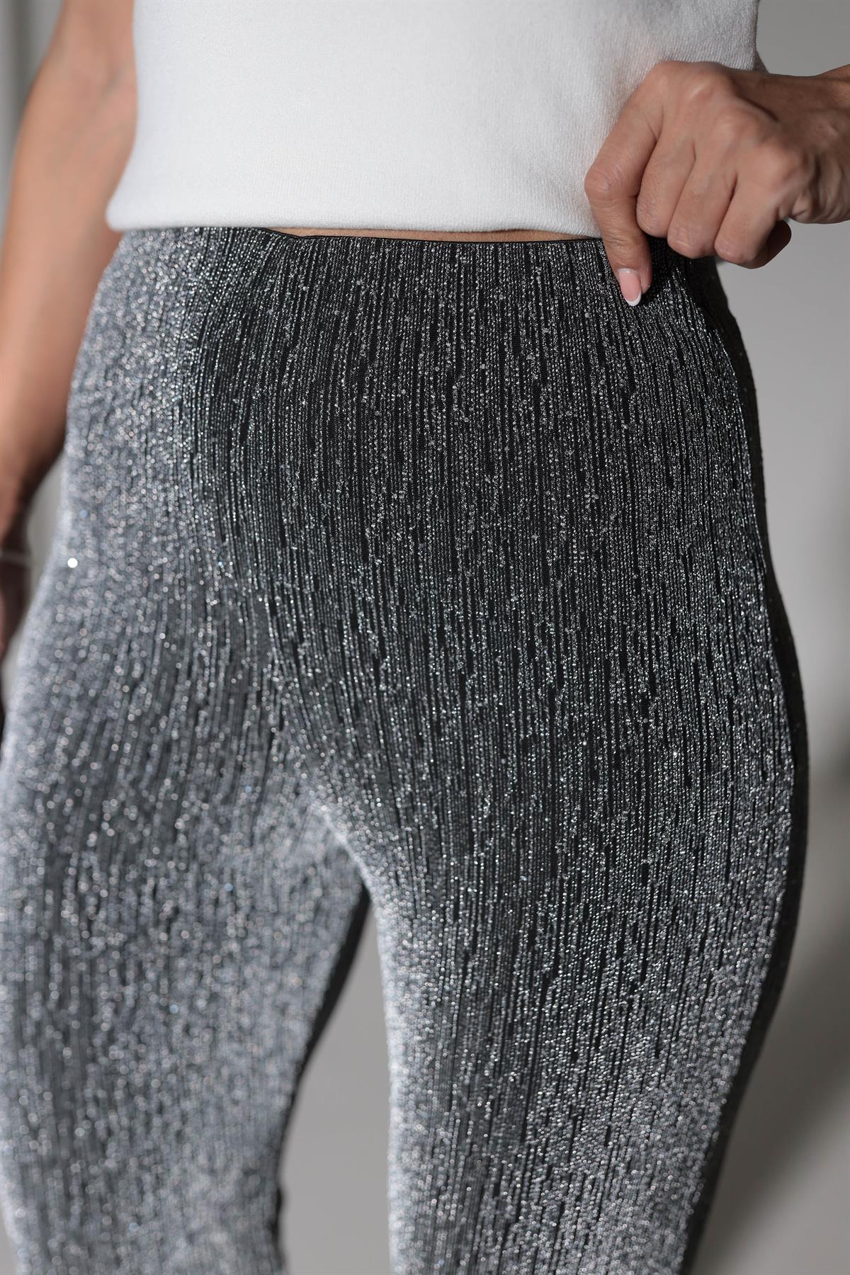 9417 Taşlı Pırıltılı İspanyol Paça Likralı Pantolon GRİ