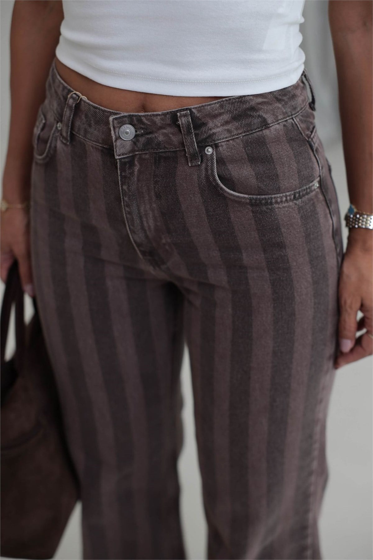 2371 Çizgili Wide Leg Jean KAHVE