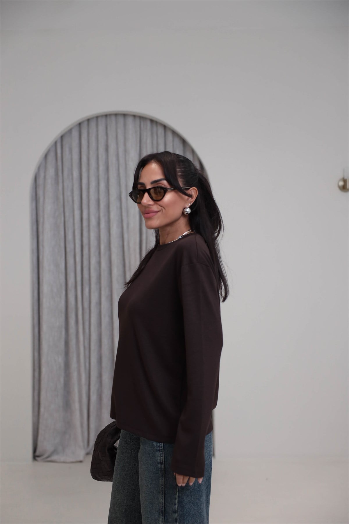 1448 Bisiklet Yaka uzun Kollu Oversize Tshirt KAHVE