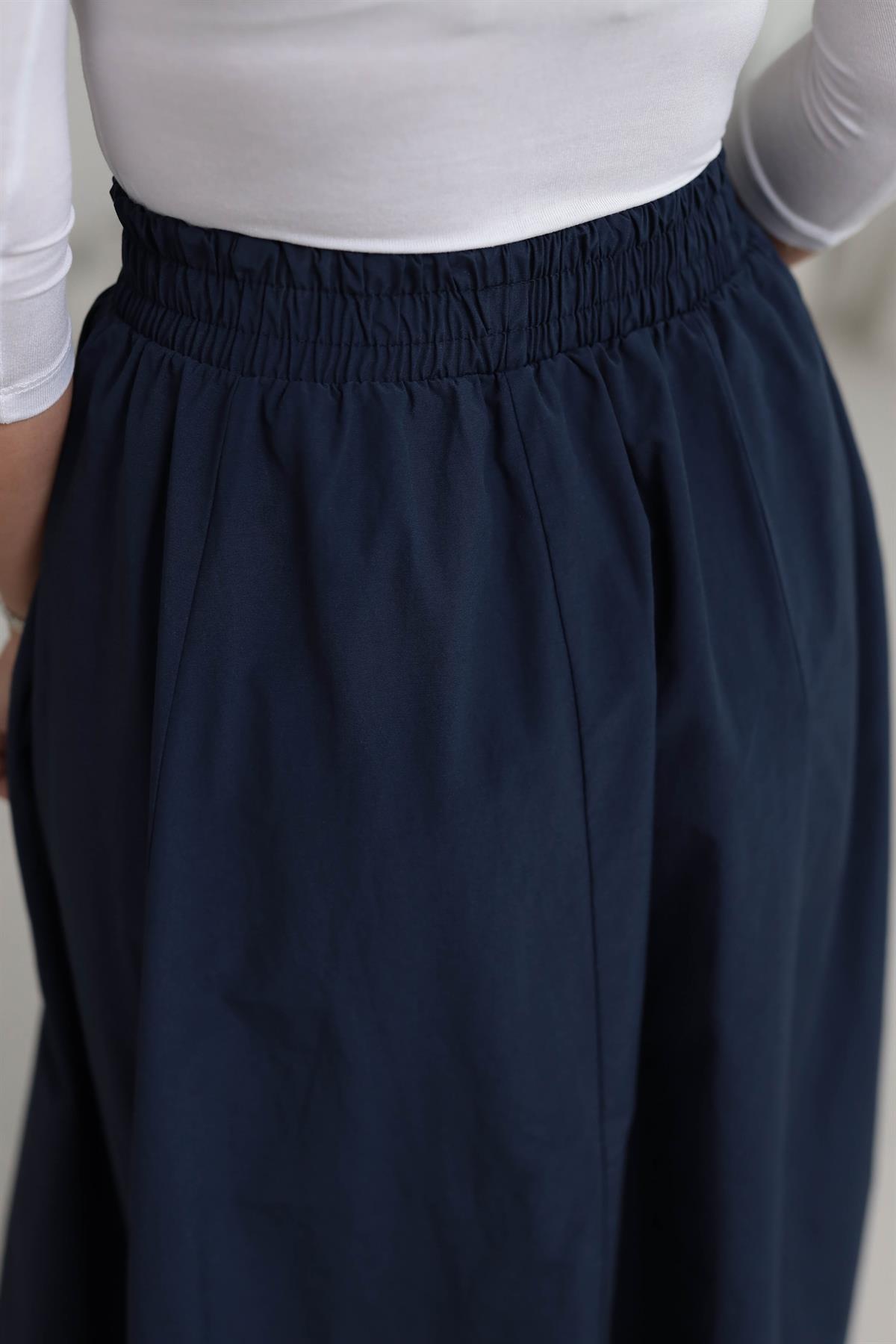 7884 Bel Lastikli Cep Detaylı Parçalı Midi Etek LACİVERT