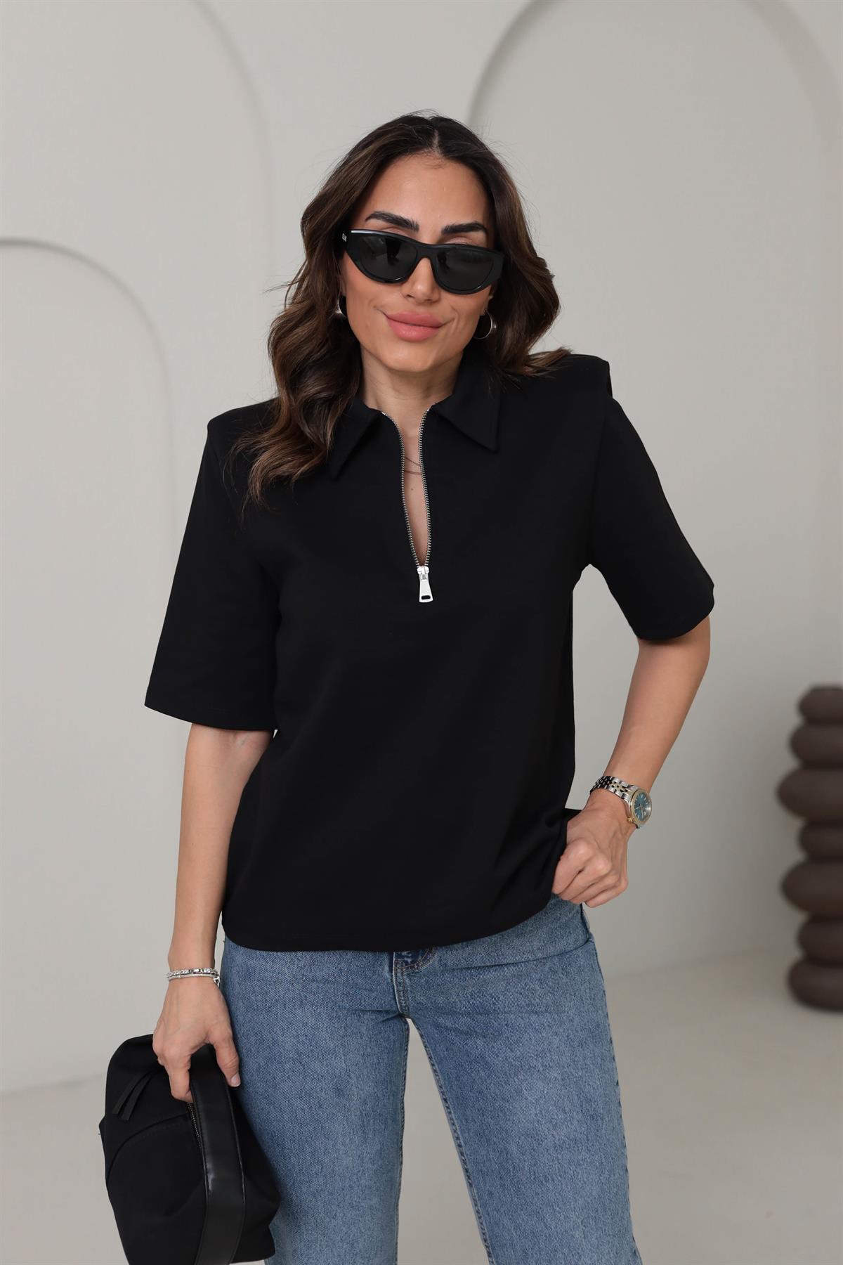 1008 Polo Yaka Fermuarlı Tshirt SİYAH