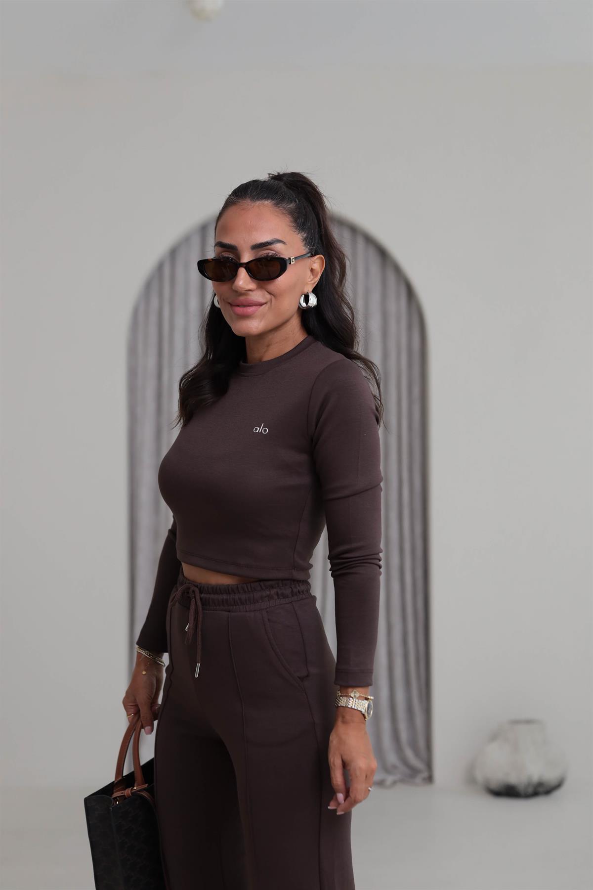 2170 Yazı Detaylı Crop Modal Takım KAHVE