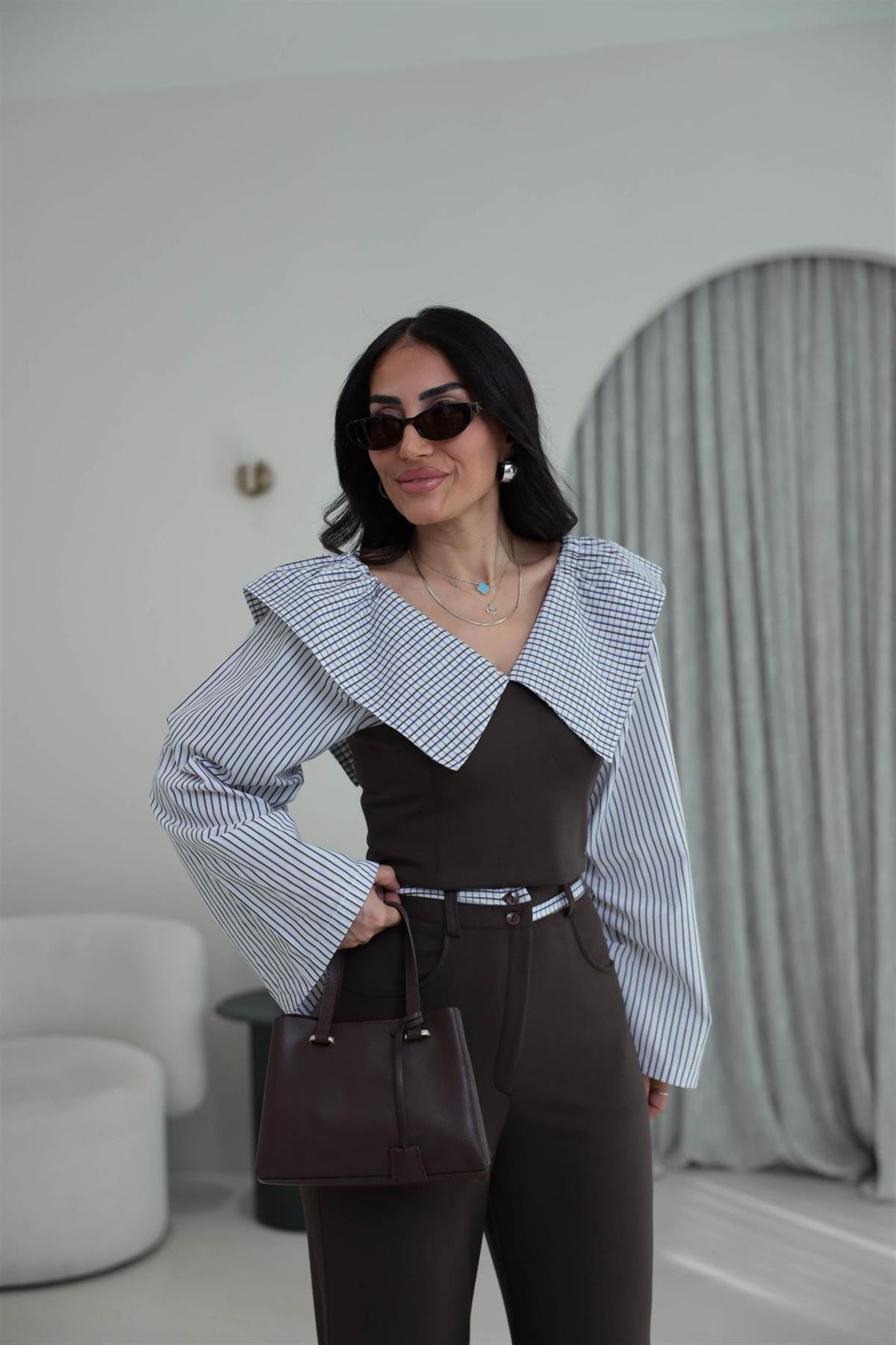 0675 Anime Poplin Yaka Modal Kumaş Takım ACI KAHVE