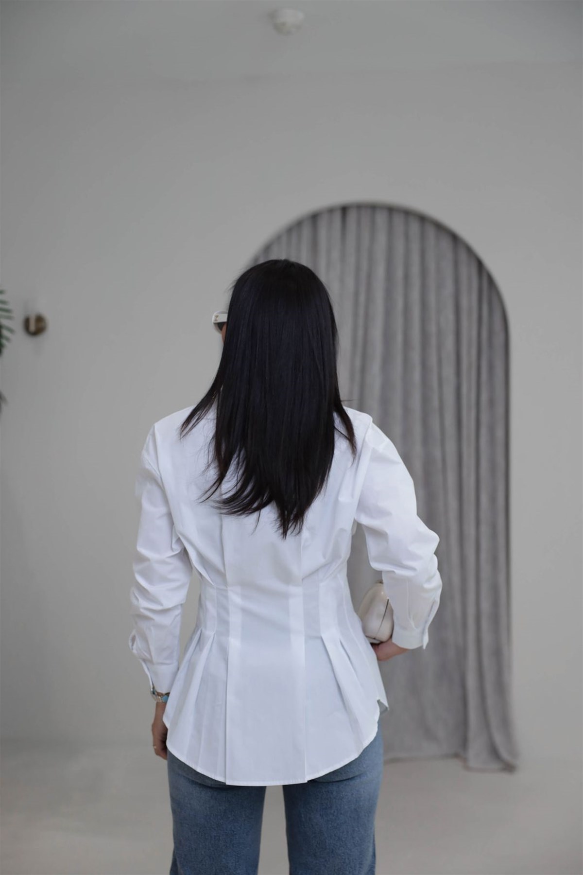 3013 Belden Oturtmalı Poplin Gömlek BEYAZ