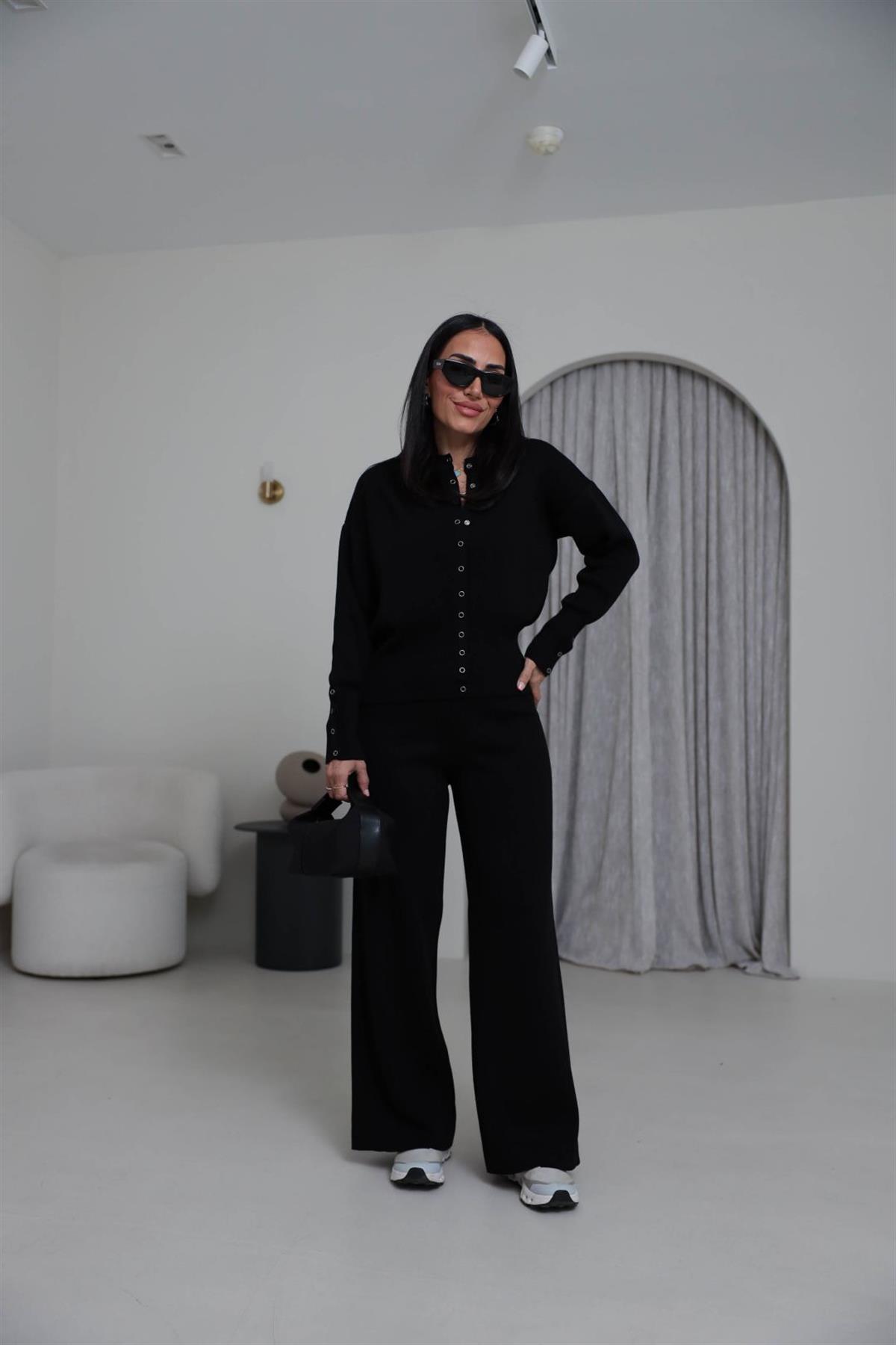 0129 Bisiklet Yaka Çıtçıt Detaylı Triko Takım SİYAH