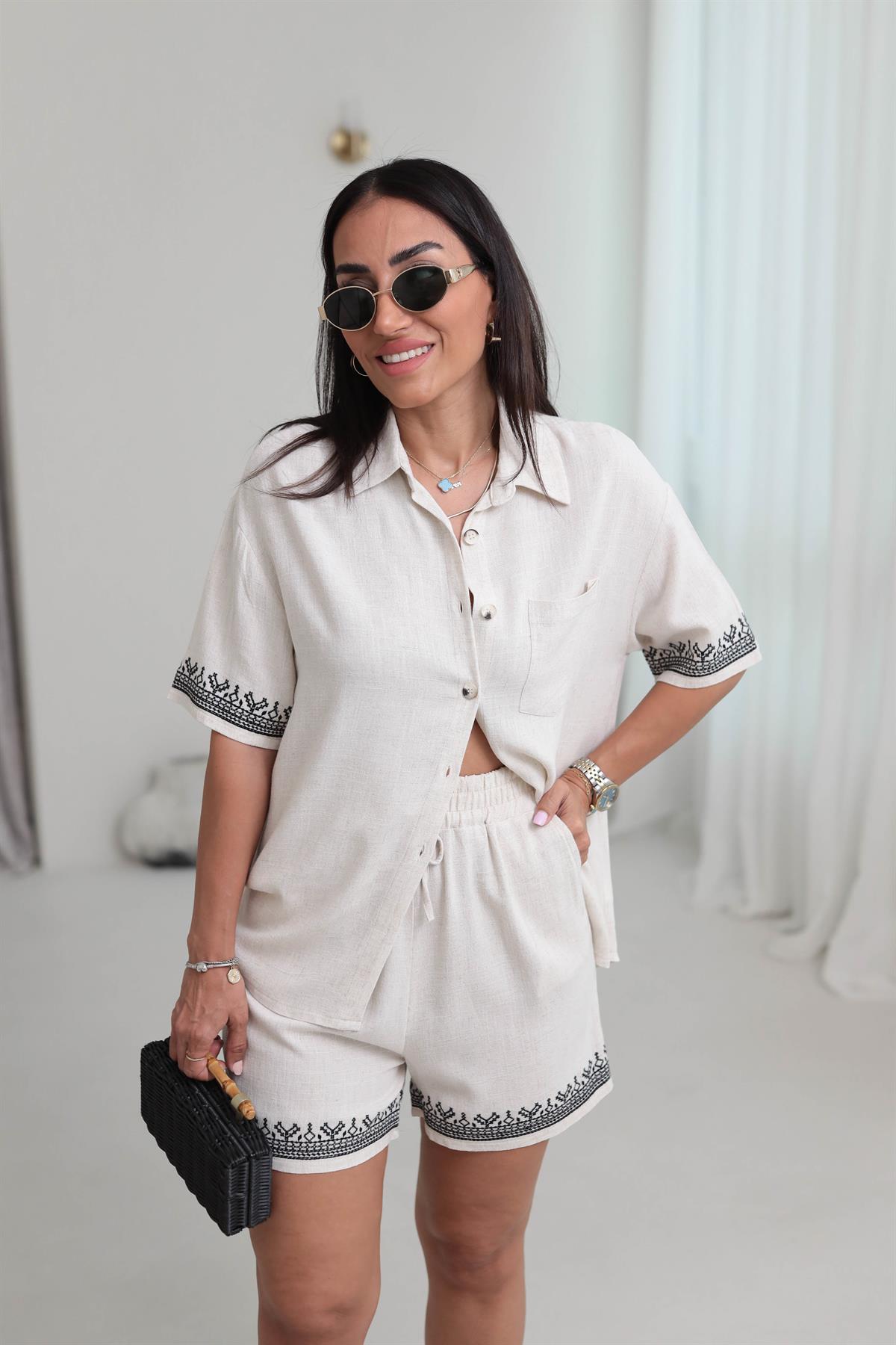 8803 İşleme Detaylı Keten Şortlu Gömlek Takım NATURAL