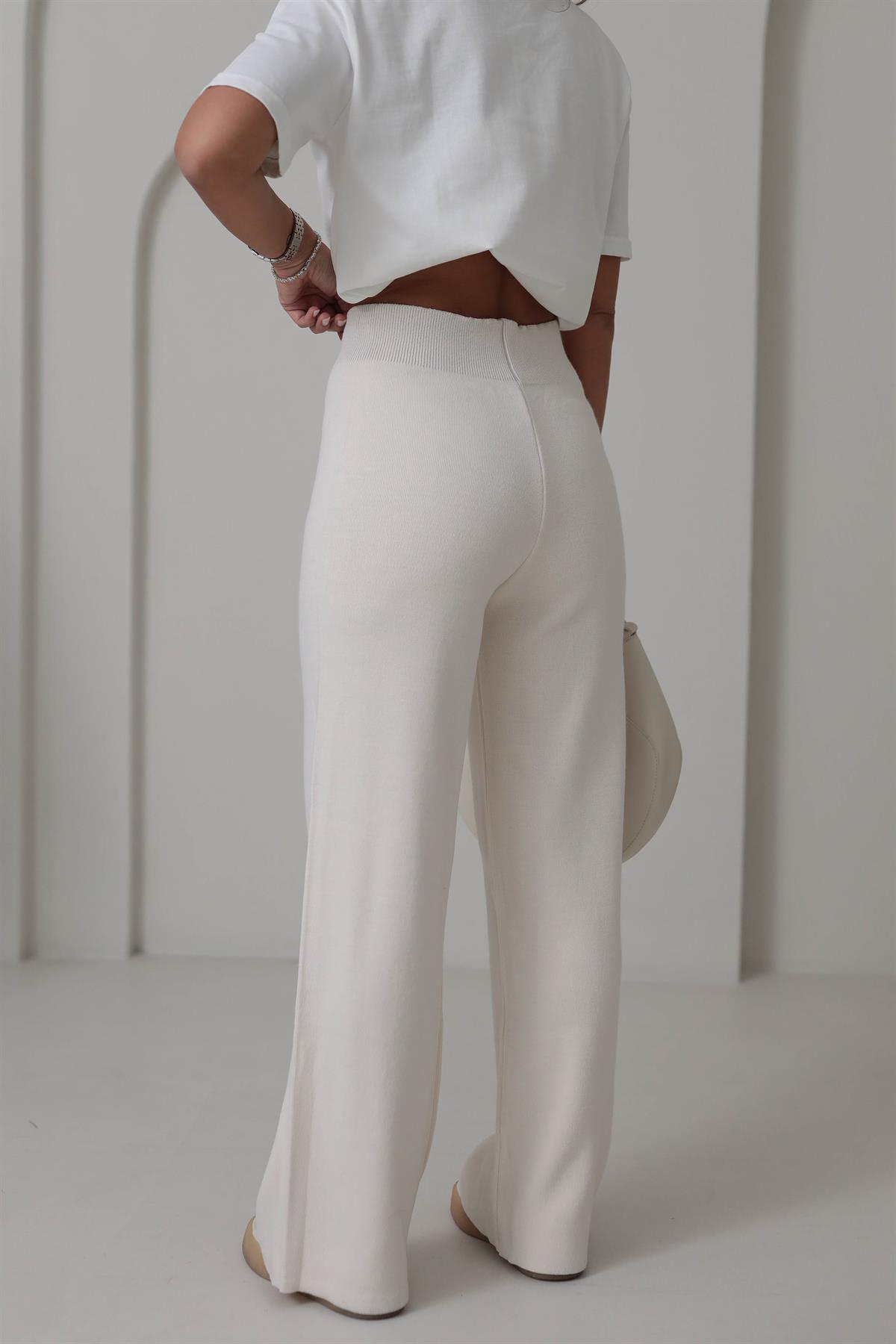 0003 Bol Kalıp Bel Lastikli Triko Pantolon EKRU