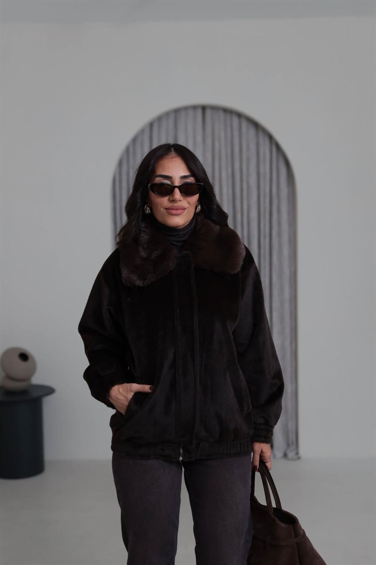 0099 Yaka Kürklü Alpaka Kaban KAHVE