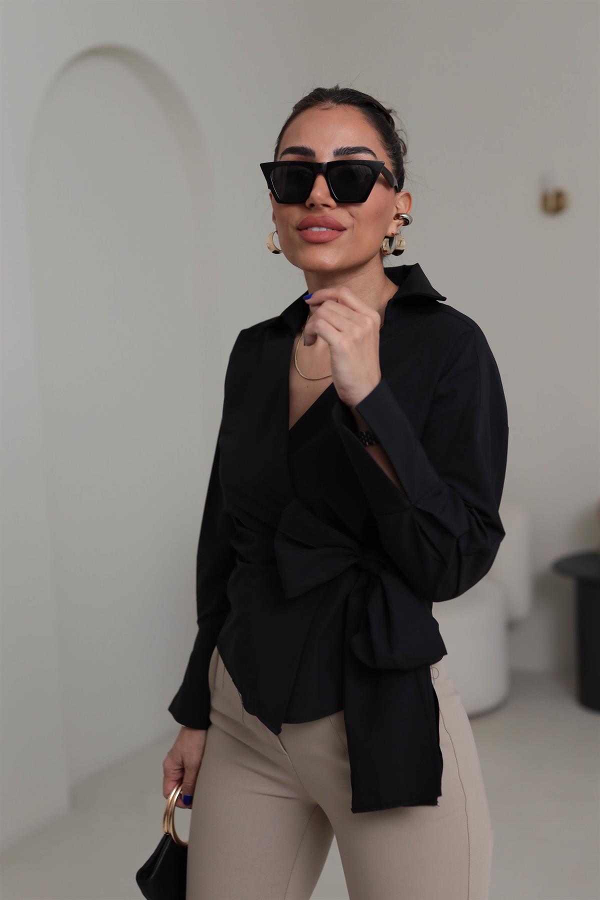 1023 Kruvaze Yaka Yandan Bağlamalı Poplin Gömlek SİYAH