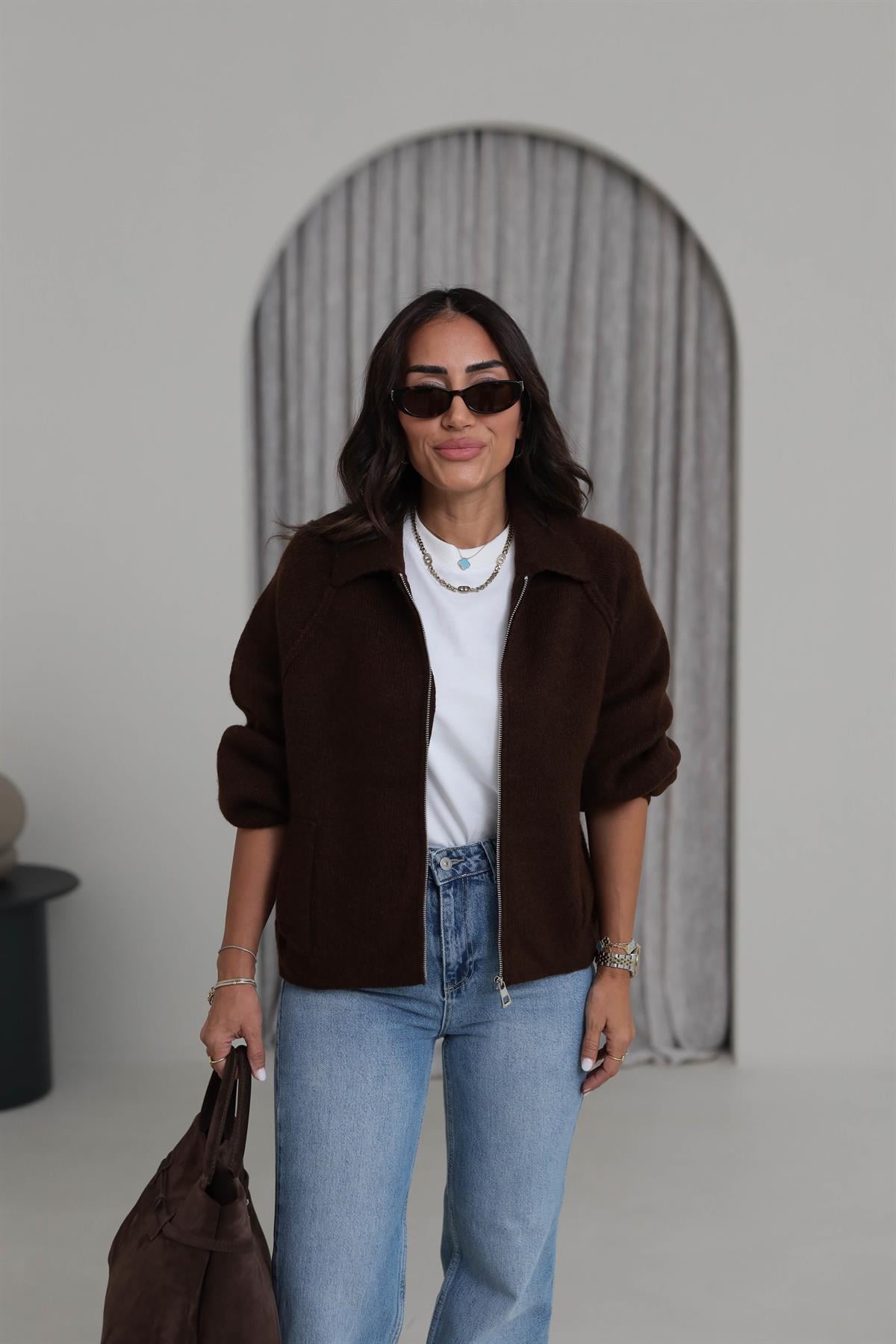 4904 Fermuar Detaylı Reglan Kol Triko Hırka KAHVE