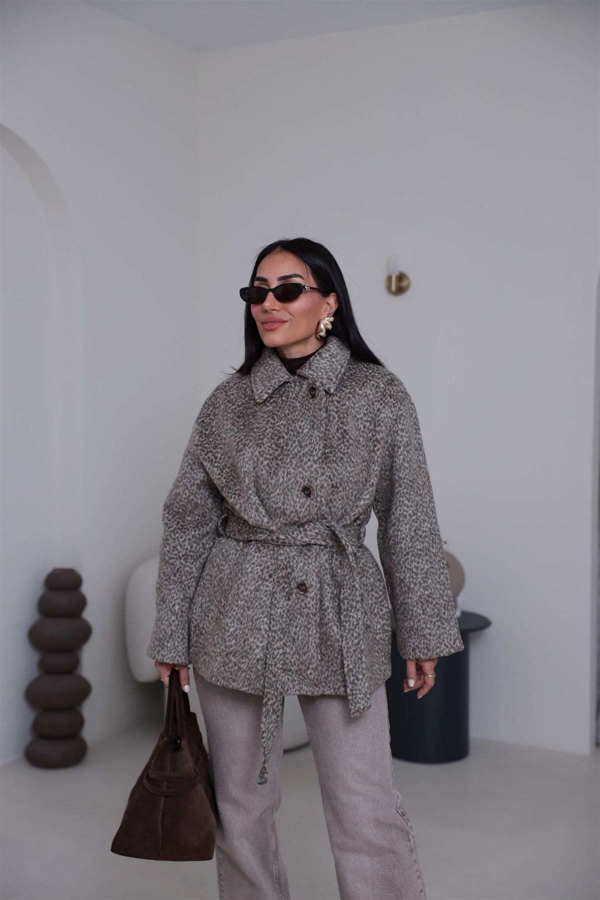 L0646 Desenli Kuşaklı Kaşe Ceket BEJ