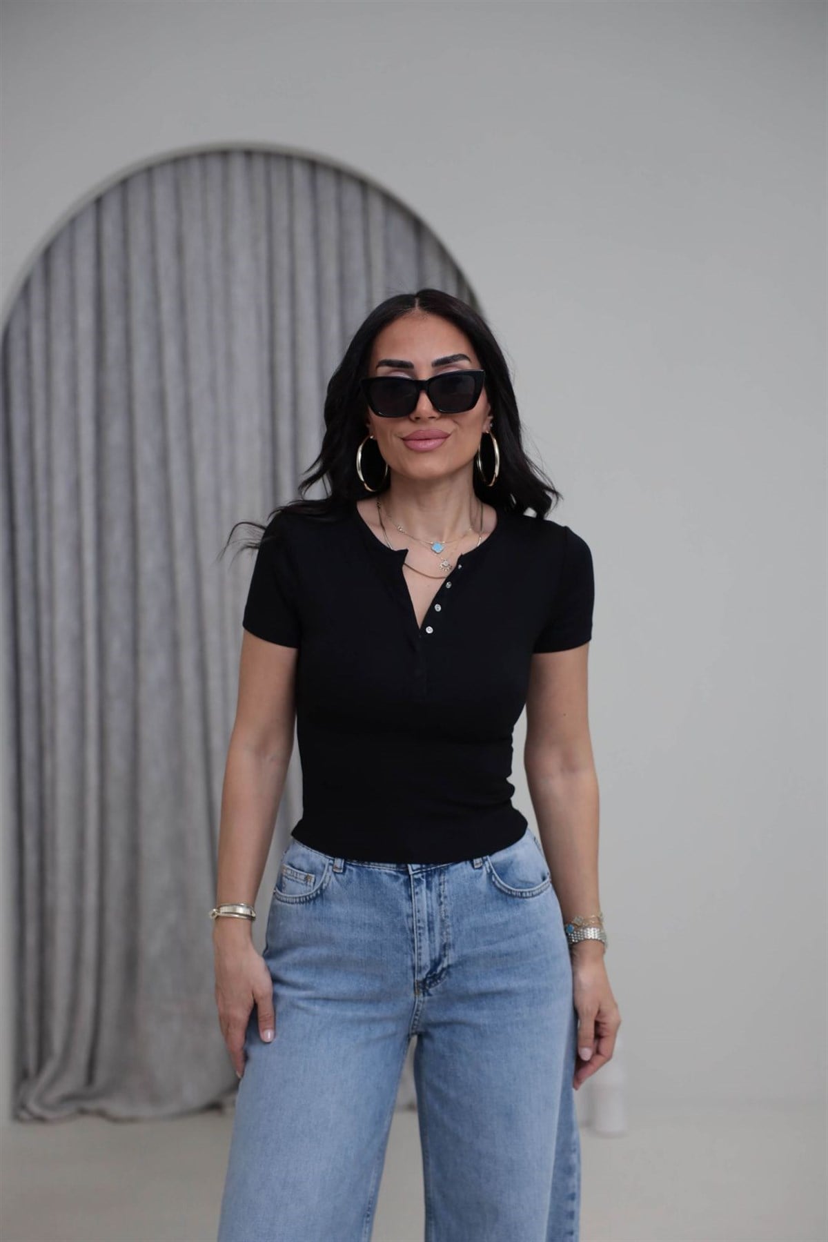 1704 Çıtçıt Düğmeli Kısa Kol Modal Tshirt SİYAH