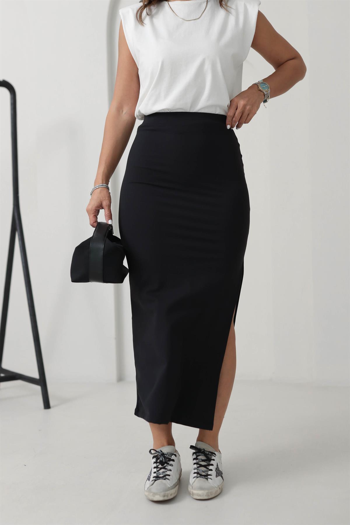 4861 Uzun Yırtmaçlı Modal Etek SİYAH