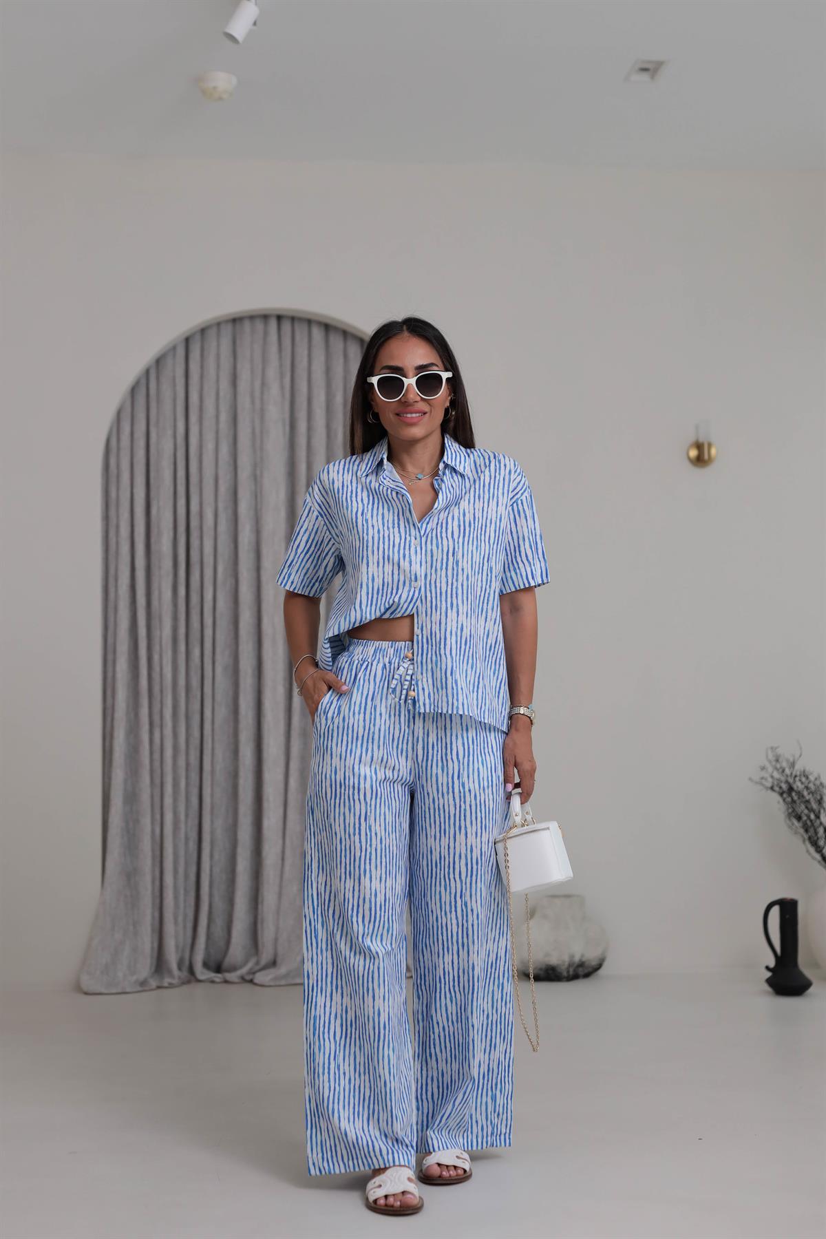 3462 Çizgi Desen Gömlekli Pantolon Takım MAVİBEYAZ