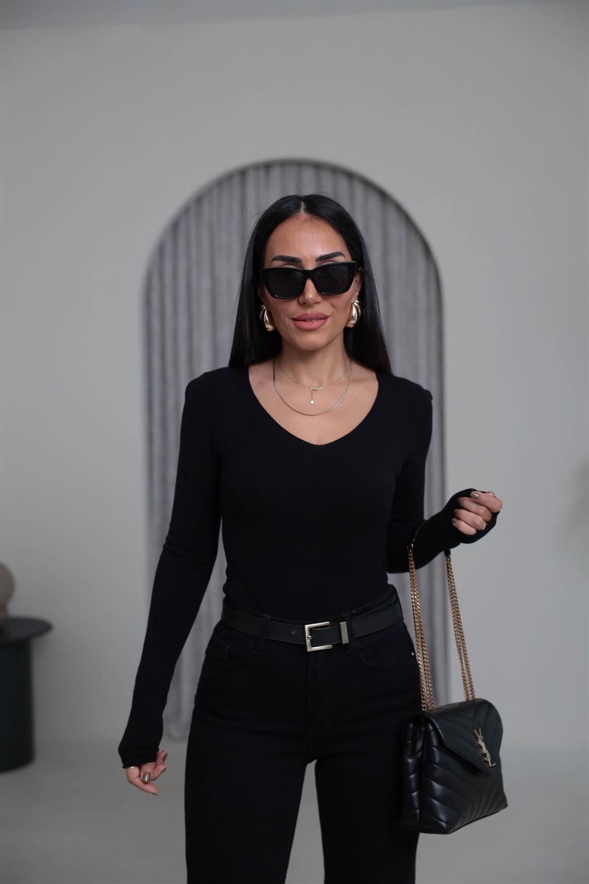 0842 V Yaka Kaşmirli Triko Bluz SİYAH