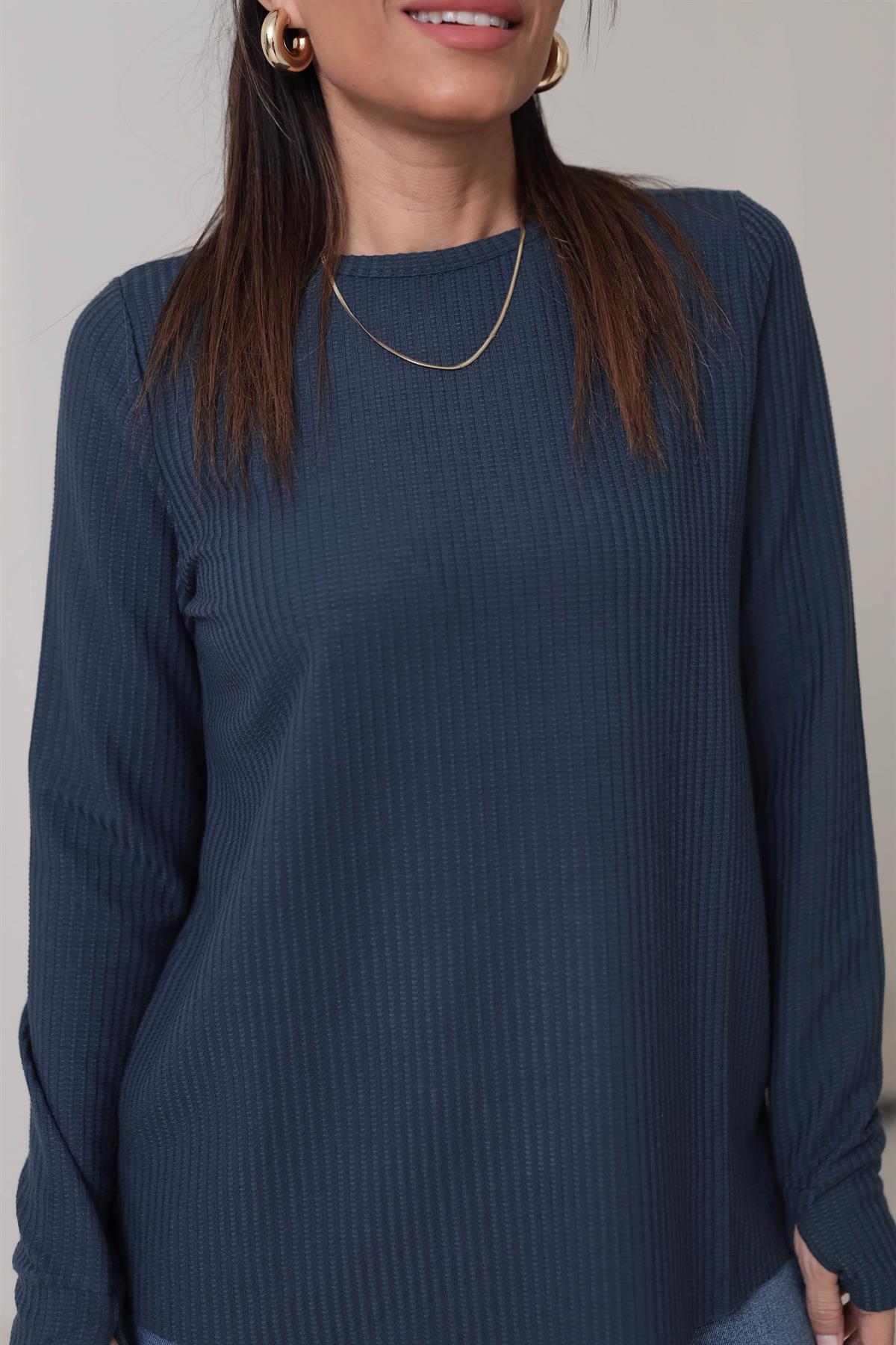 1206 Bisiklet Yaka Parmak Geçebilir Detaylı  Bluz LACİVERT