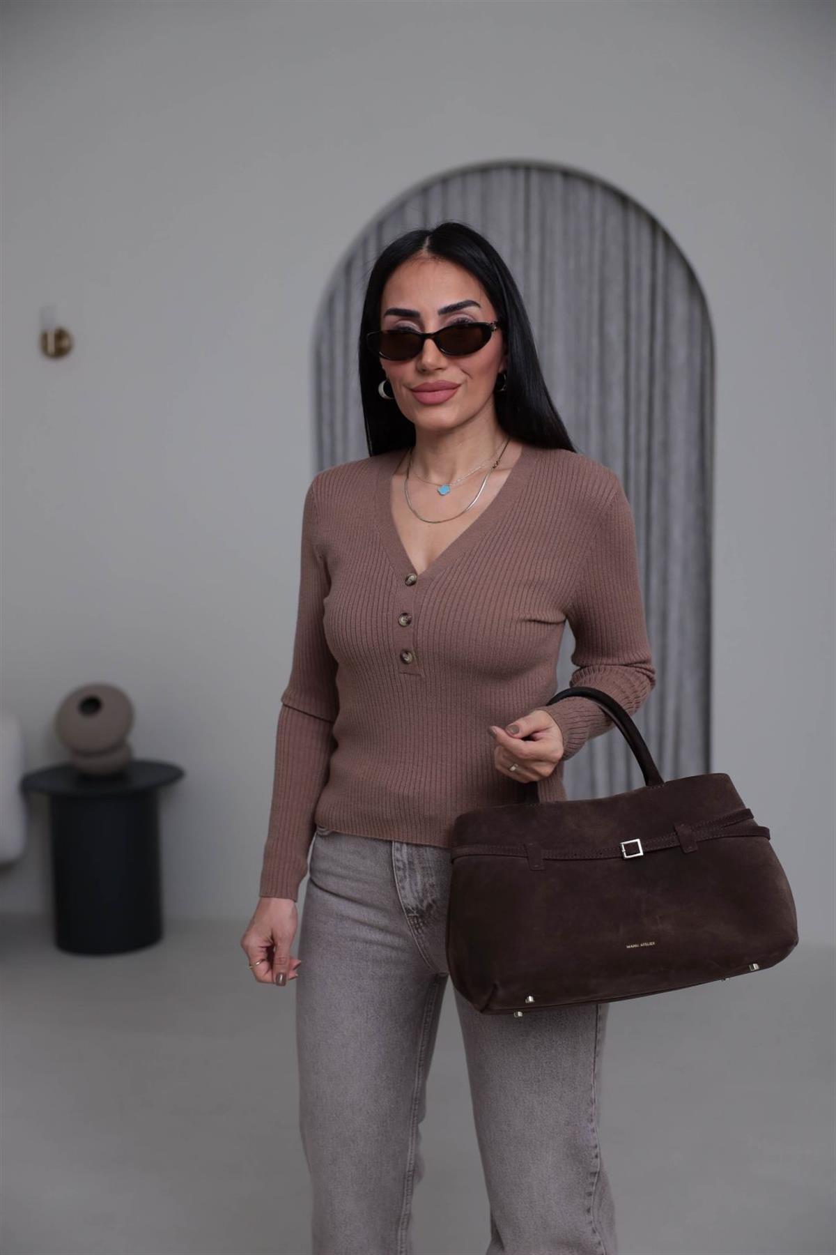 Orj V Yaka Yarım Düğmeli Korsman Triko CAMEL