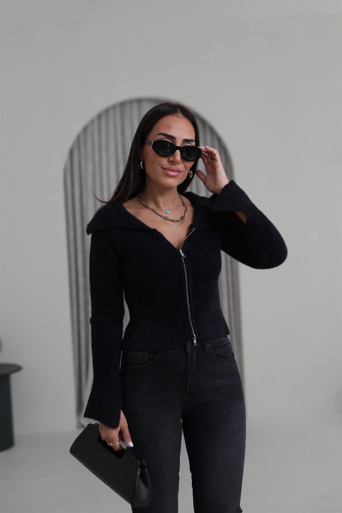 4952 Çift Fermuarlı Kol Yırtmaçlı Triko Hırka Bluz SİYAH