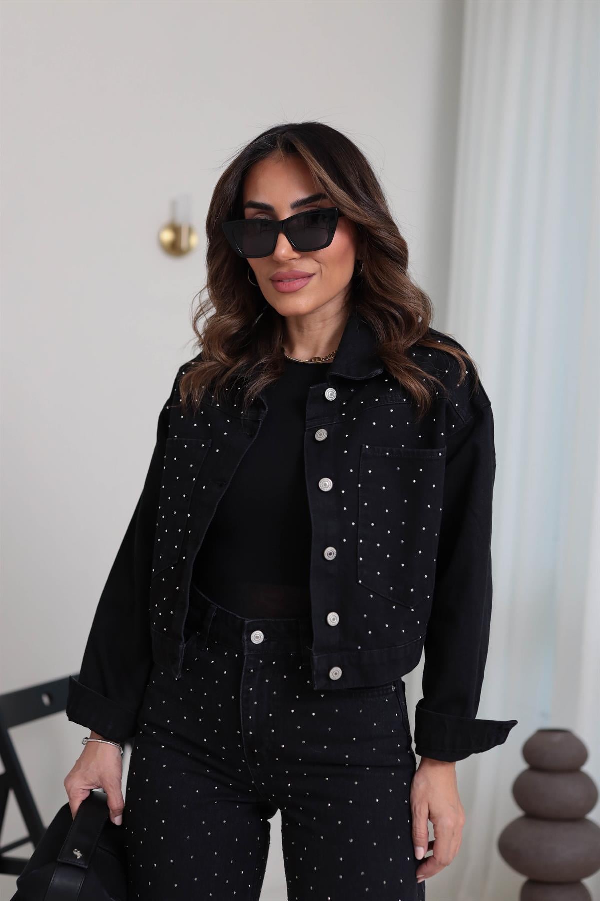 5038 Önü Taşlı Kot Ceket FÜME