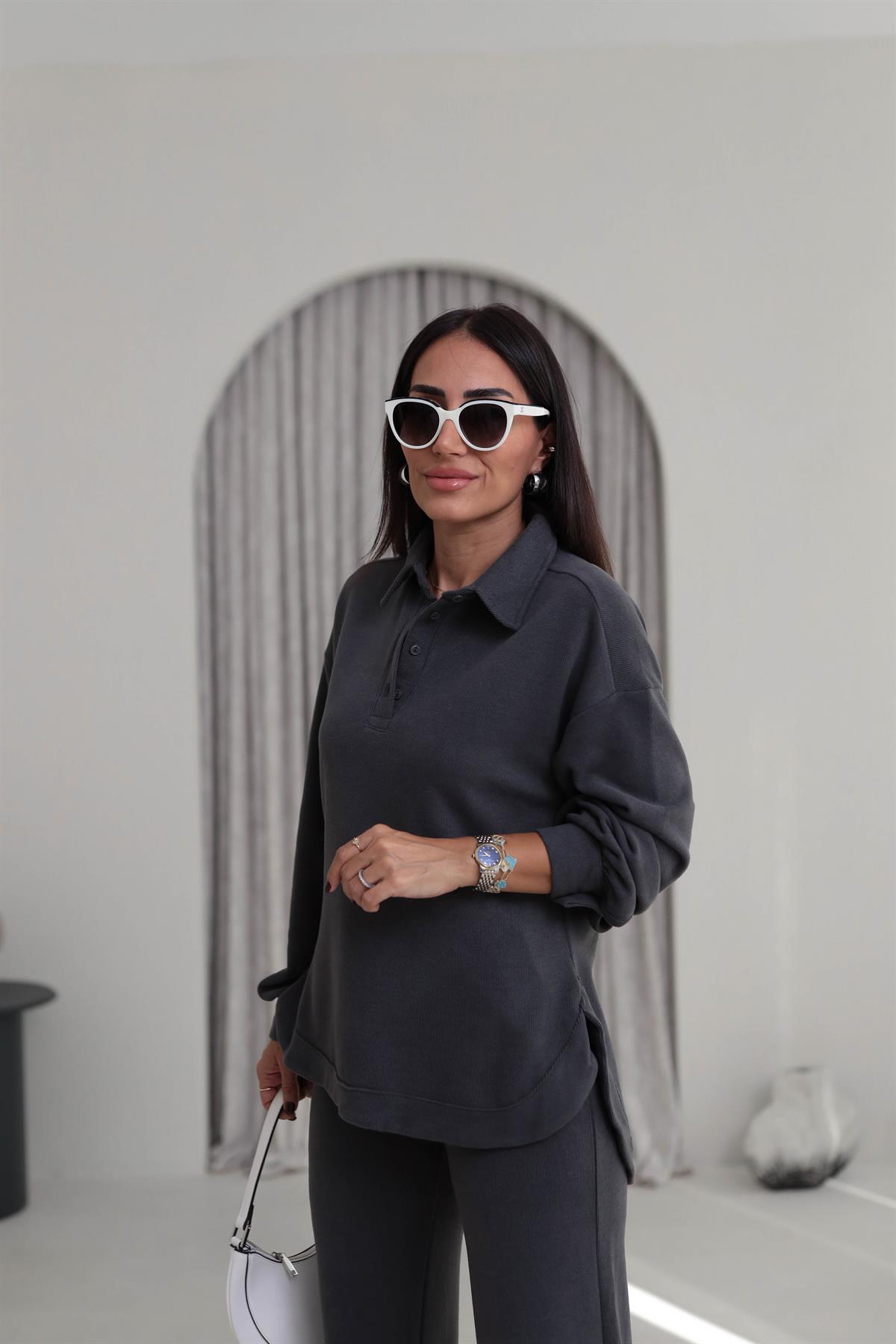 2411 Selanik Polo Yaka Yarım Düğmeli Rahat Takım ANTRASİT