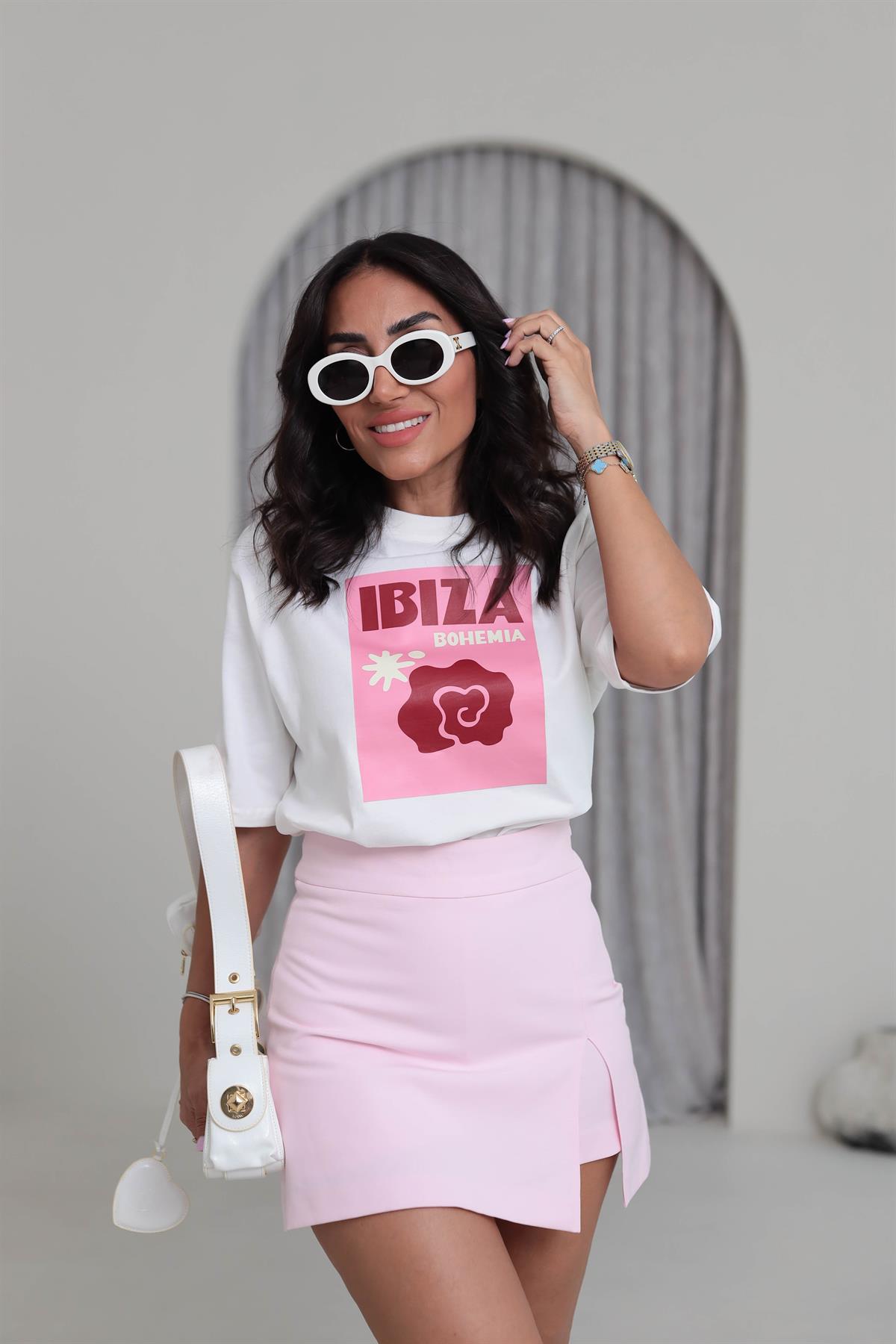 0492 İbiza Baskılı Pamuklu Tshirt EKRU