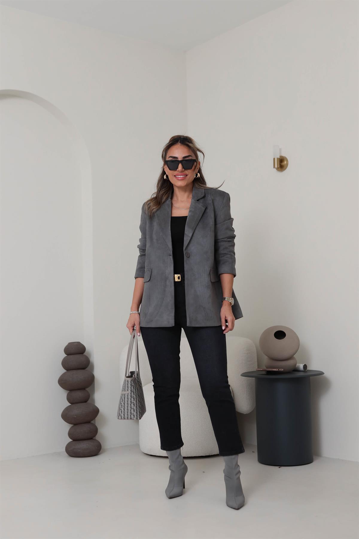 5433 Süet Blazer Ceket GRİ