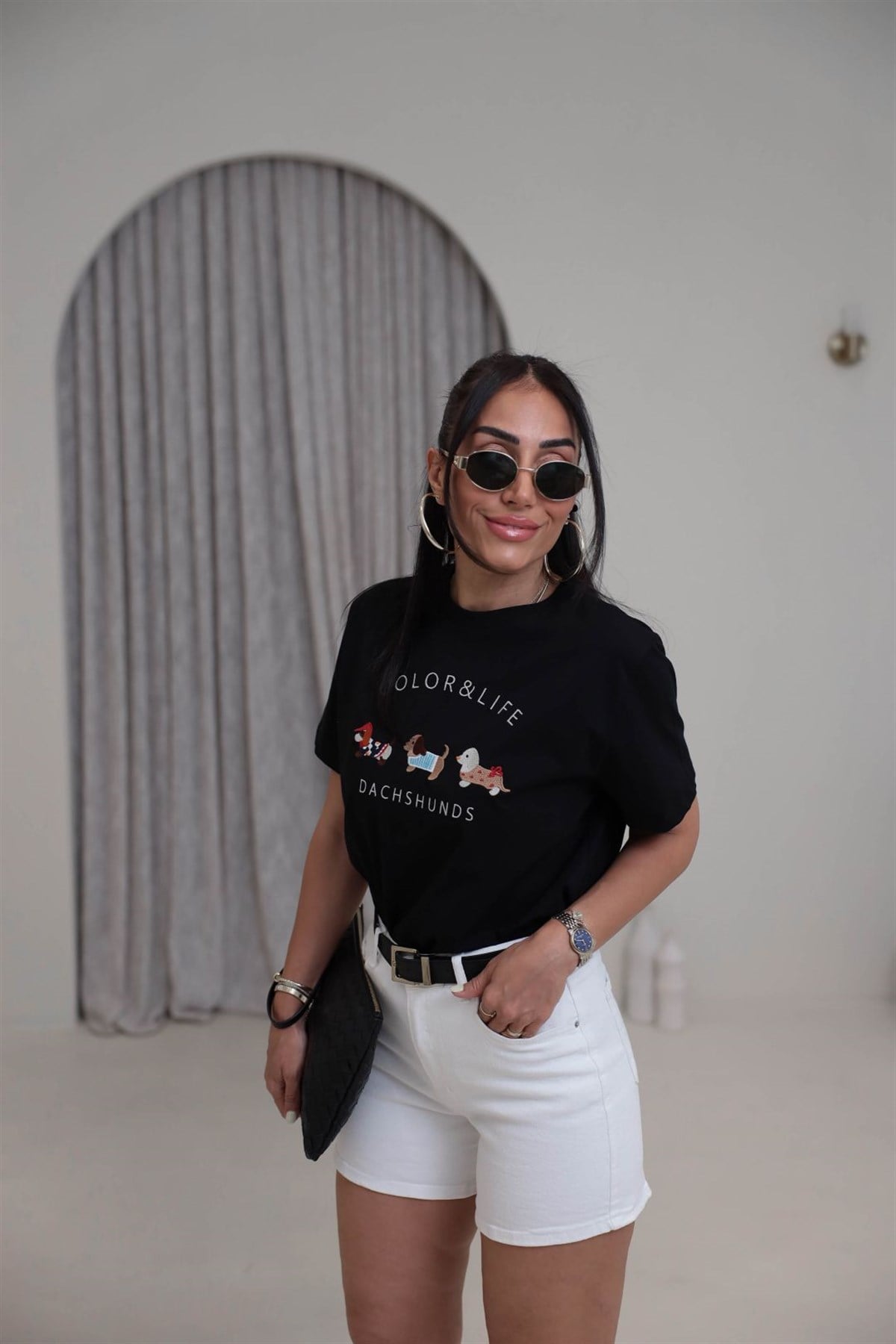 Tasarım Köpek Nakışlı Pamuklu Tshirt SİYAH