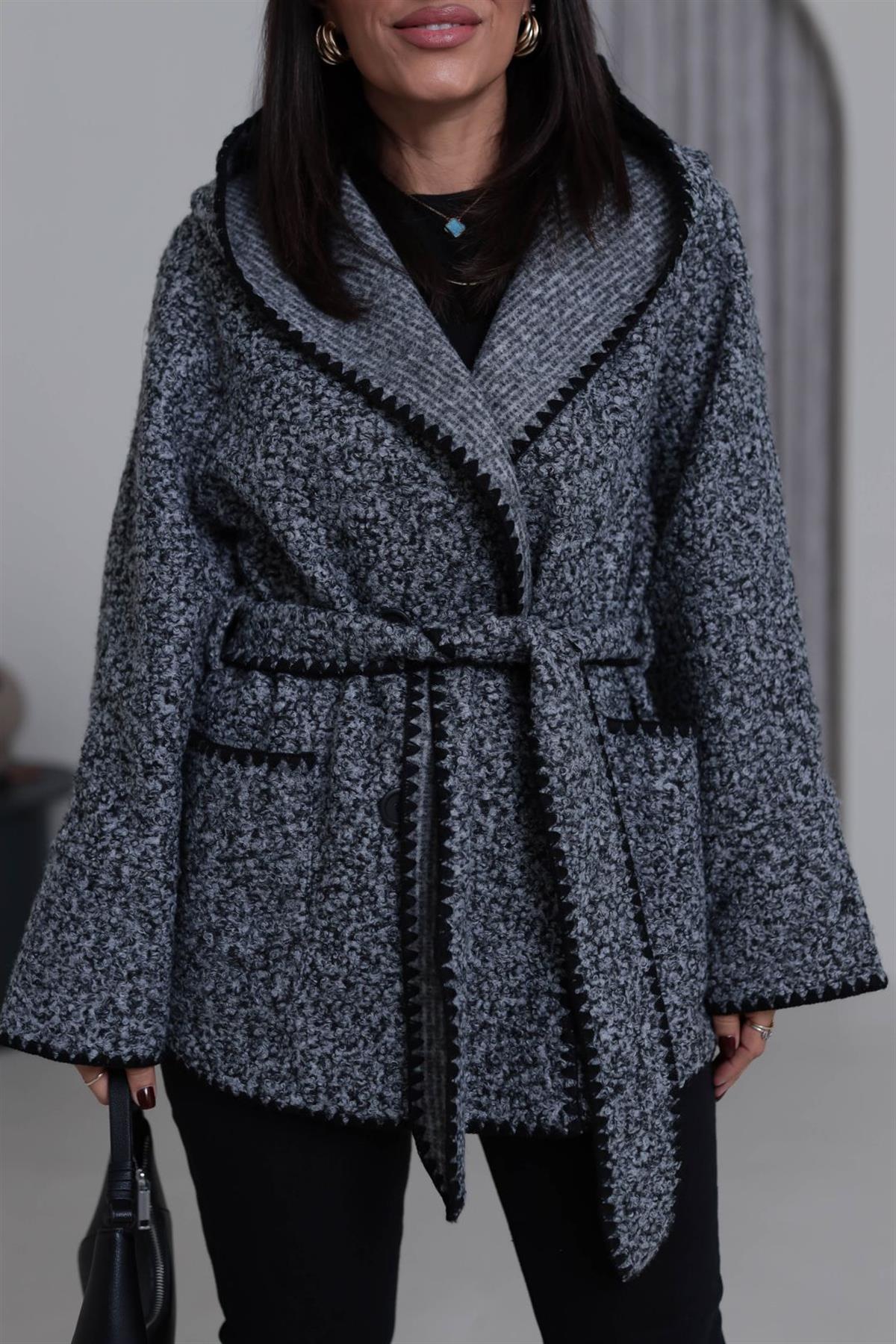 9152 Kontrast Dikiş Detaylı Kapşonlu Kaban GRİ