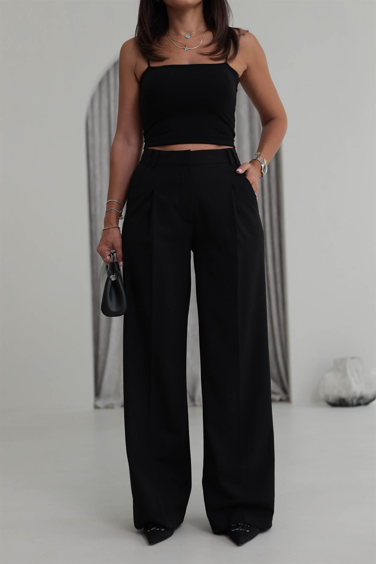 9003 Arka Bel Lastikli Palazzo Pantolon SİYAH