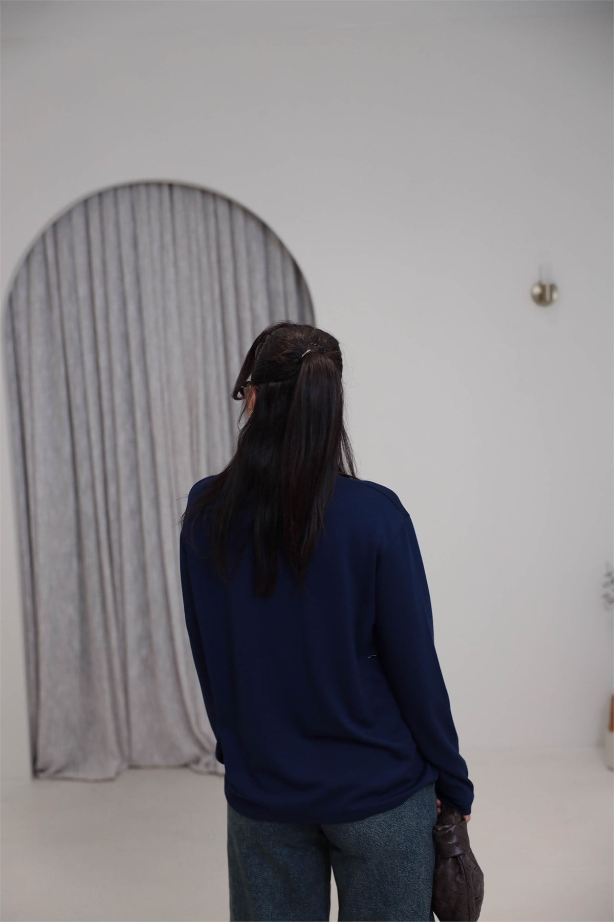 1448 Bisiklet Yaka uzun Kollu Oversize Tshirt LACİVERT