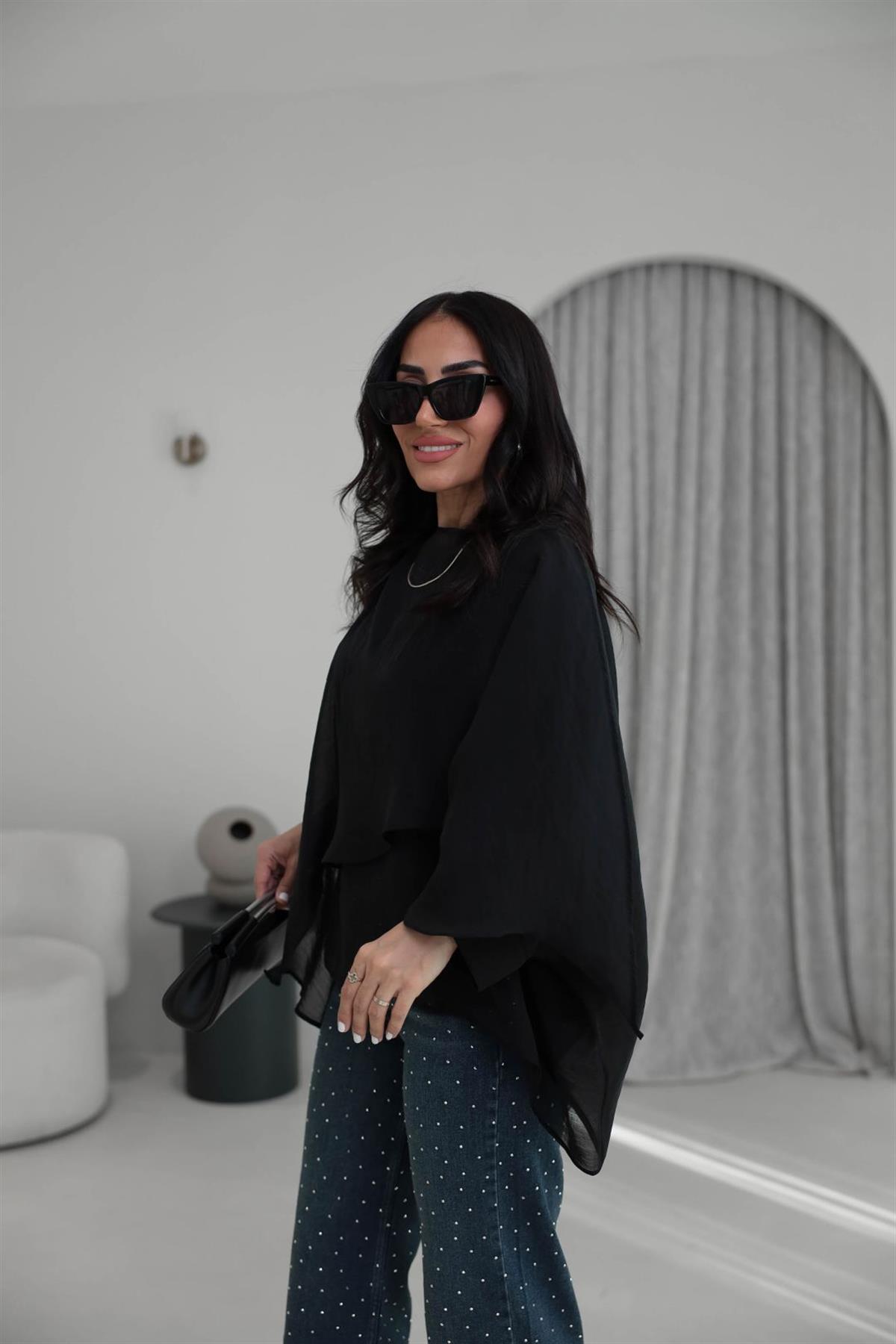 5026 Uçuşan Pelerin Bluz SİYAH