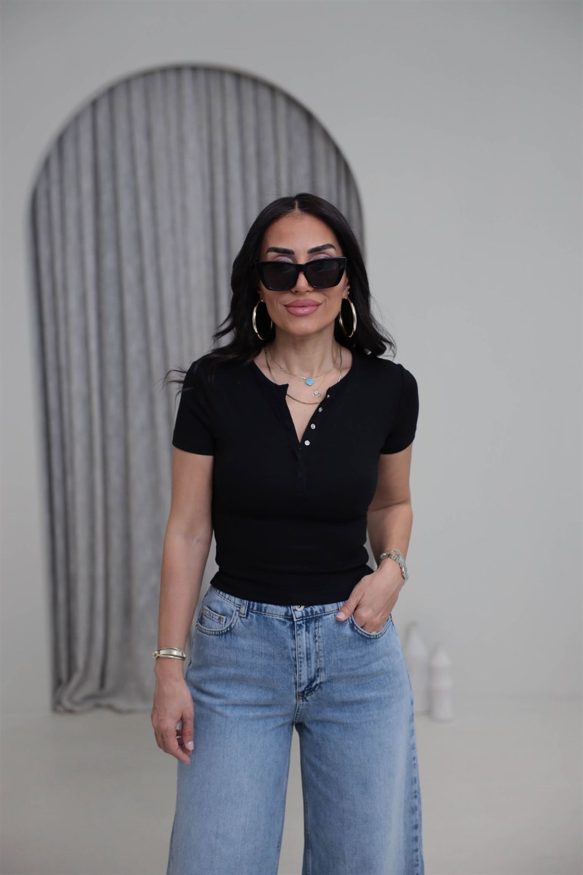 1704 Çıtçıt Düğmeli Kısa Kol Modal Tshirt SİYAH