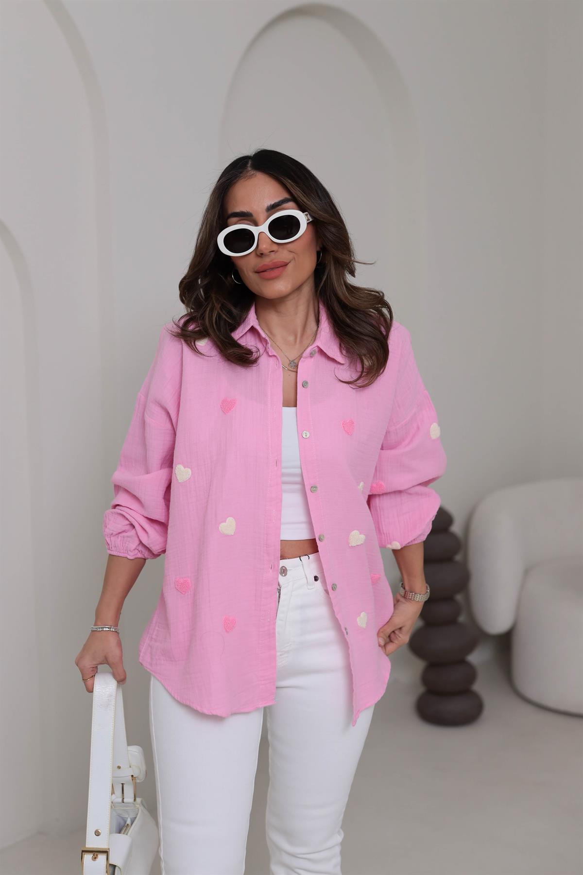 7930 Kalpli Kol Lastikli Müslin Kumaş Gömlek PEMBE