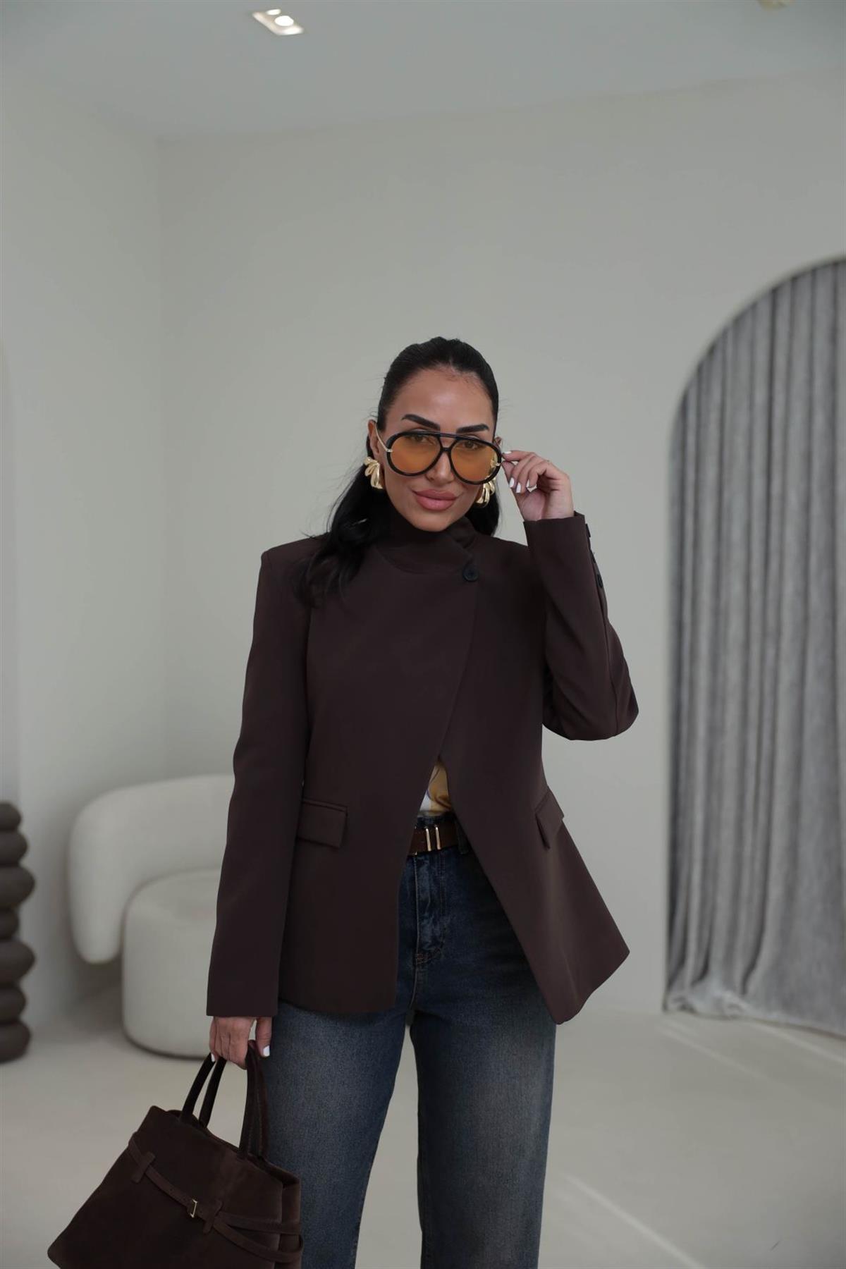 2330 Dik Yaka Düğmeli Blazer Ceket KAHVE