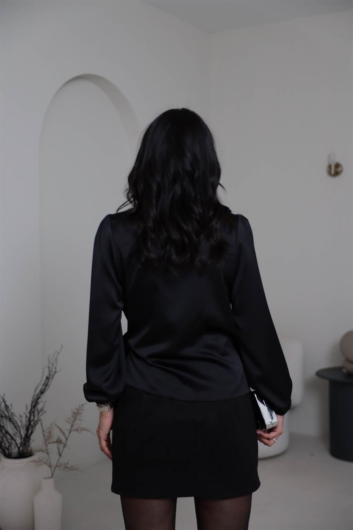 K0132 Kruvaze Yaka İpek Saten Gömlek Bluz SİYAH