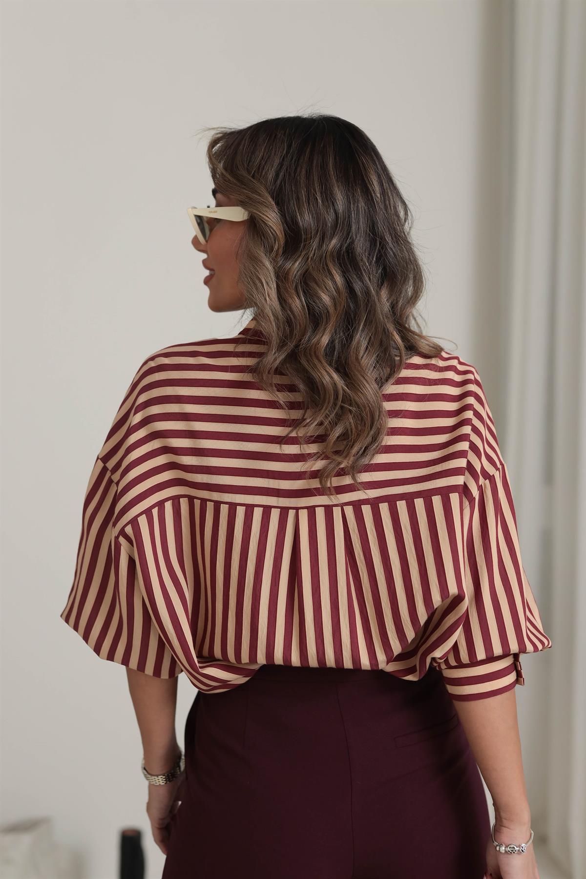4969 Çizgili Rahat Viskon Gömlek BORDO