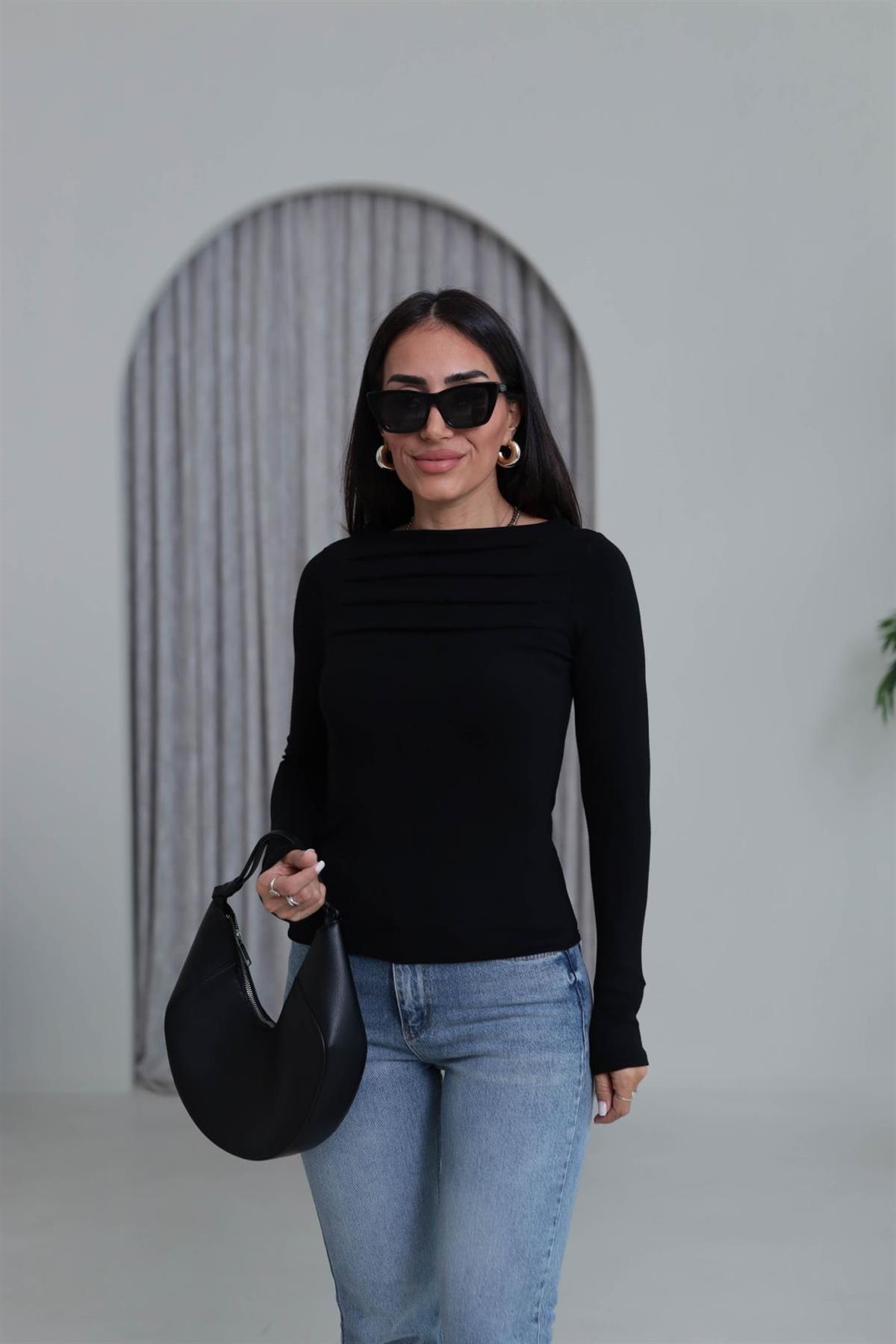 6504 Önü Pileli Viskon Bluz SİYAH