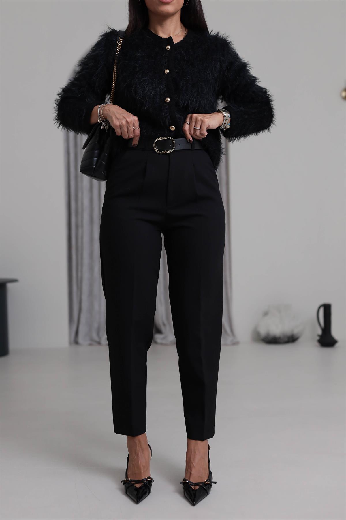 2679 Köprülü Kemer Detaylı Kumaş Pantolon SİYAH