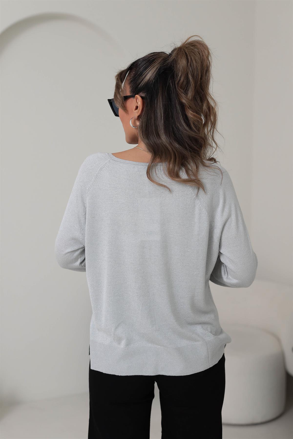 0557 Bisiklet Yaka Simli Basic İnce Triko AÇIK GRİ