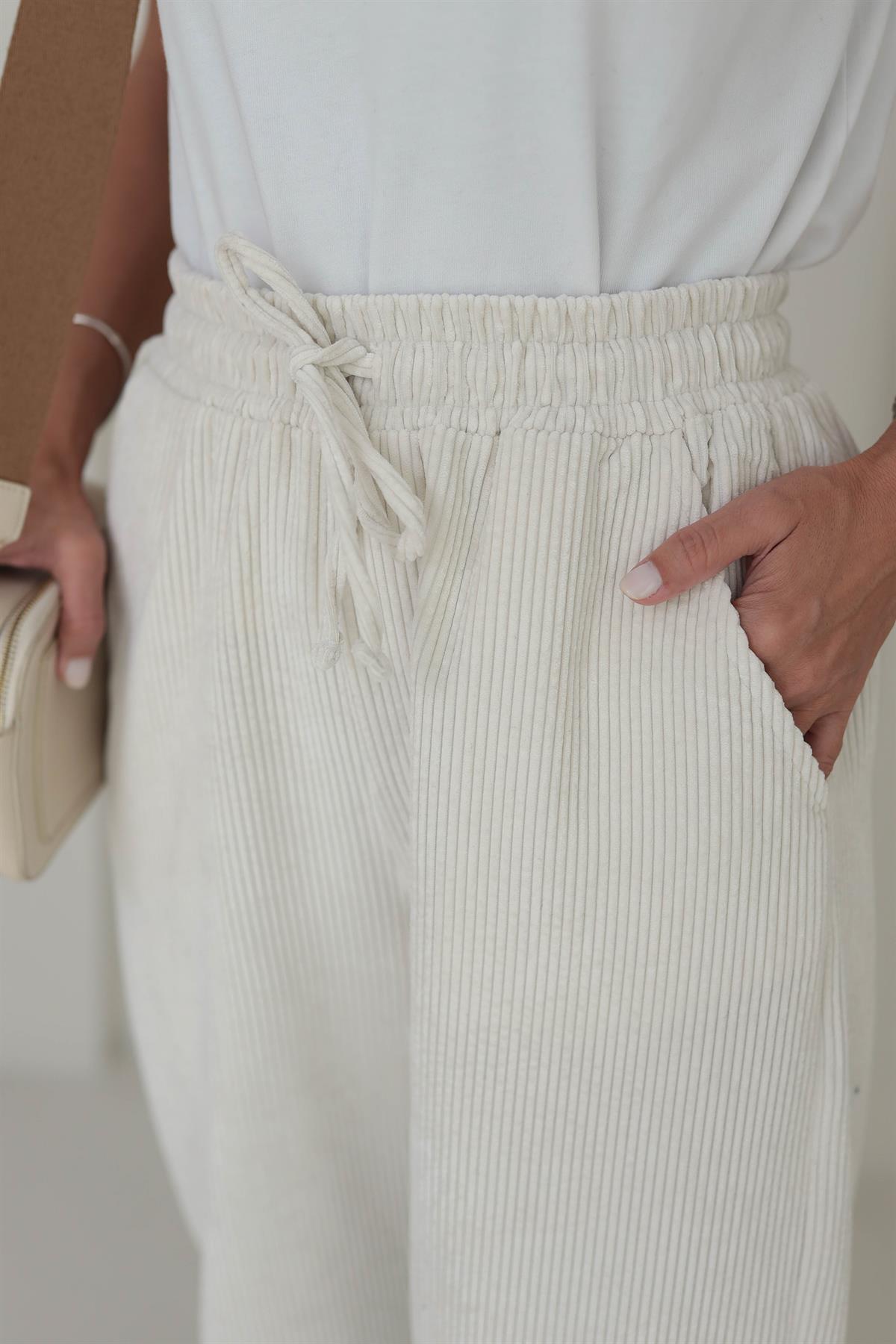 1211 Bol Kalıp Bel Lastikli Kadife Pantolon EKRU