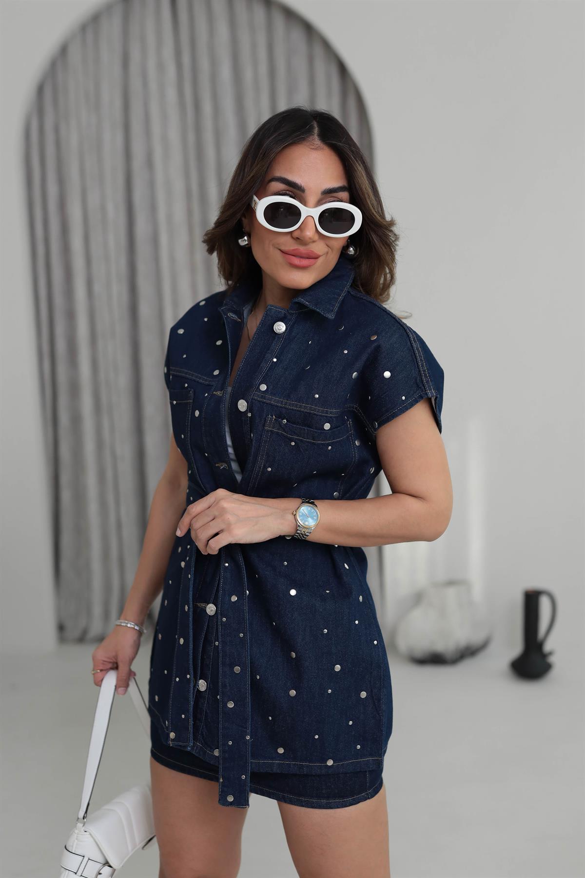 9088 Droplu Bel Kuşaklı Jean Yelek KOYU LACİ