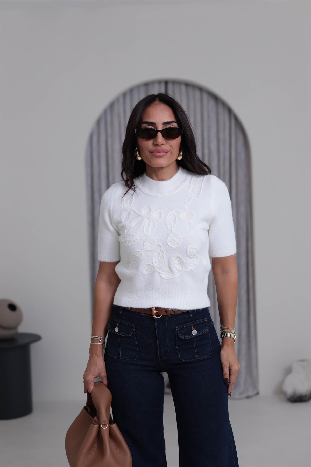 5021 Bisiklet Yaka İşleme Detaylı Kısa Kol Triko EKRU