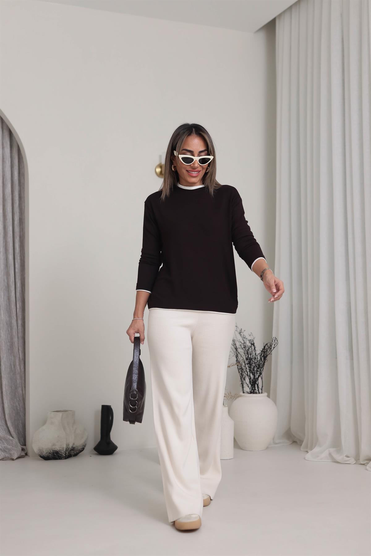 1145 Çift Yakalı Modal Bluz ACI KAHVE