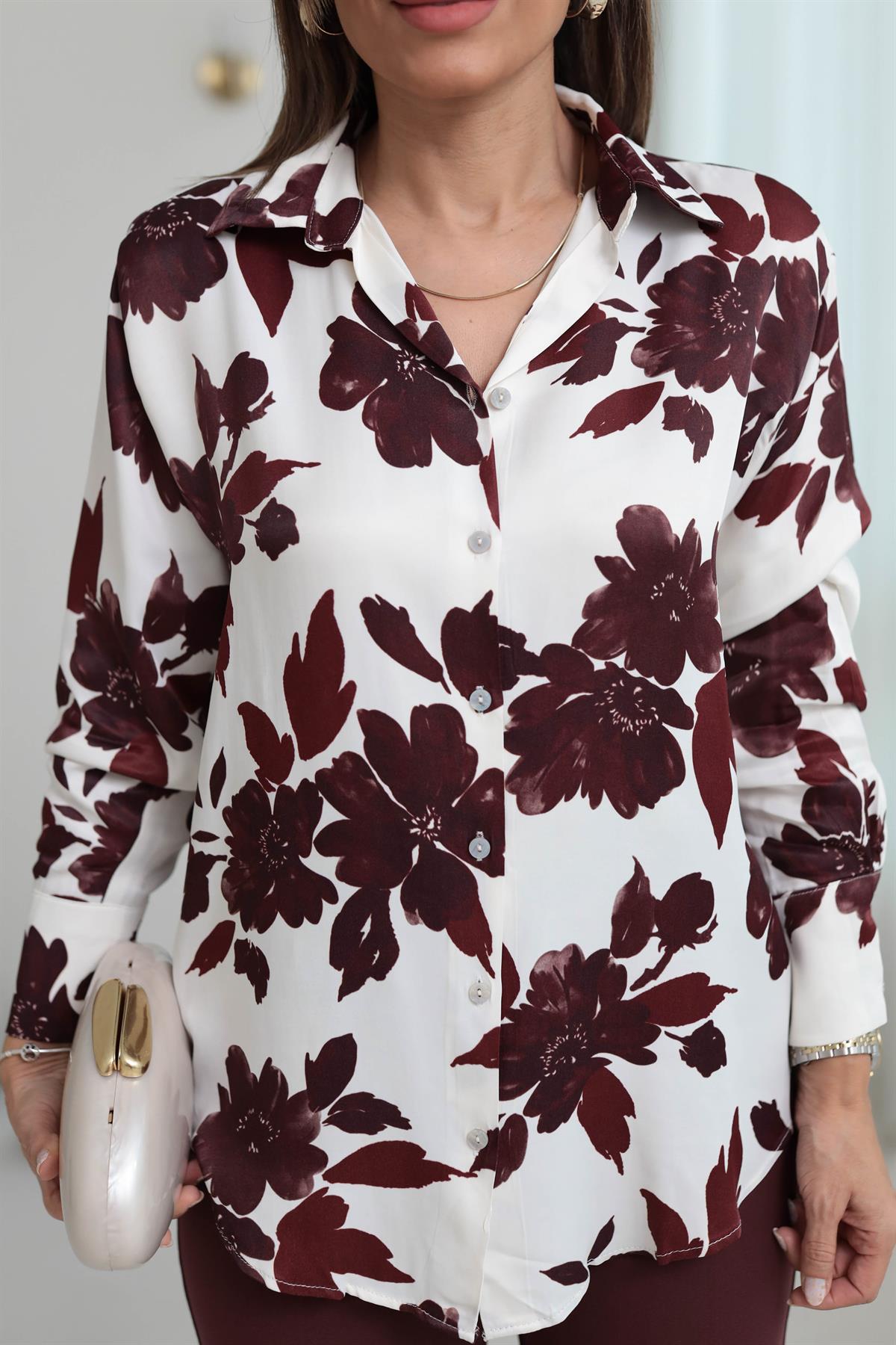6537 Çiçek Desen İpek Saten Gömlek BORDO