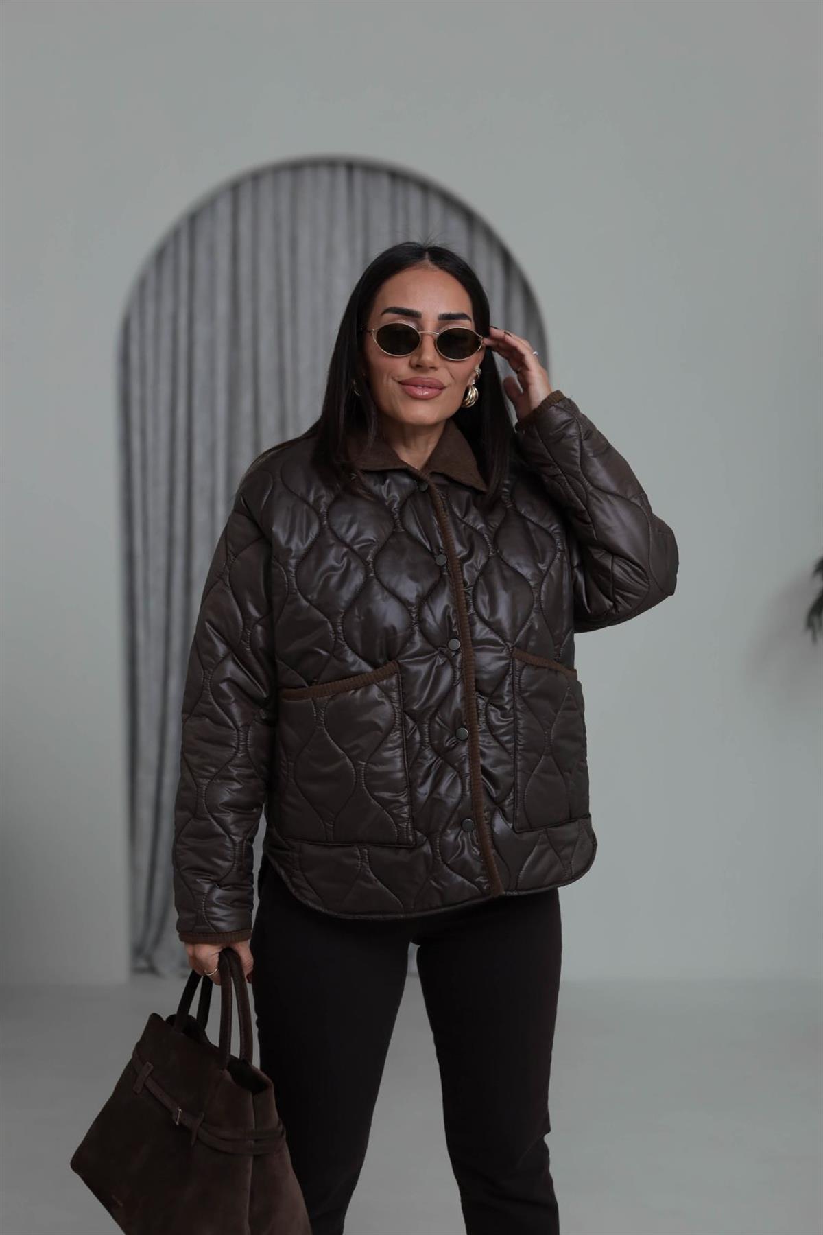 M20 Kapitone Kadife Yaka Mont ACI KAHVE